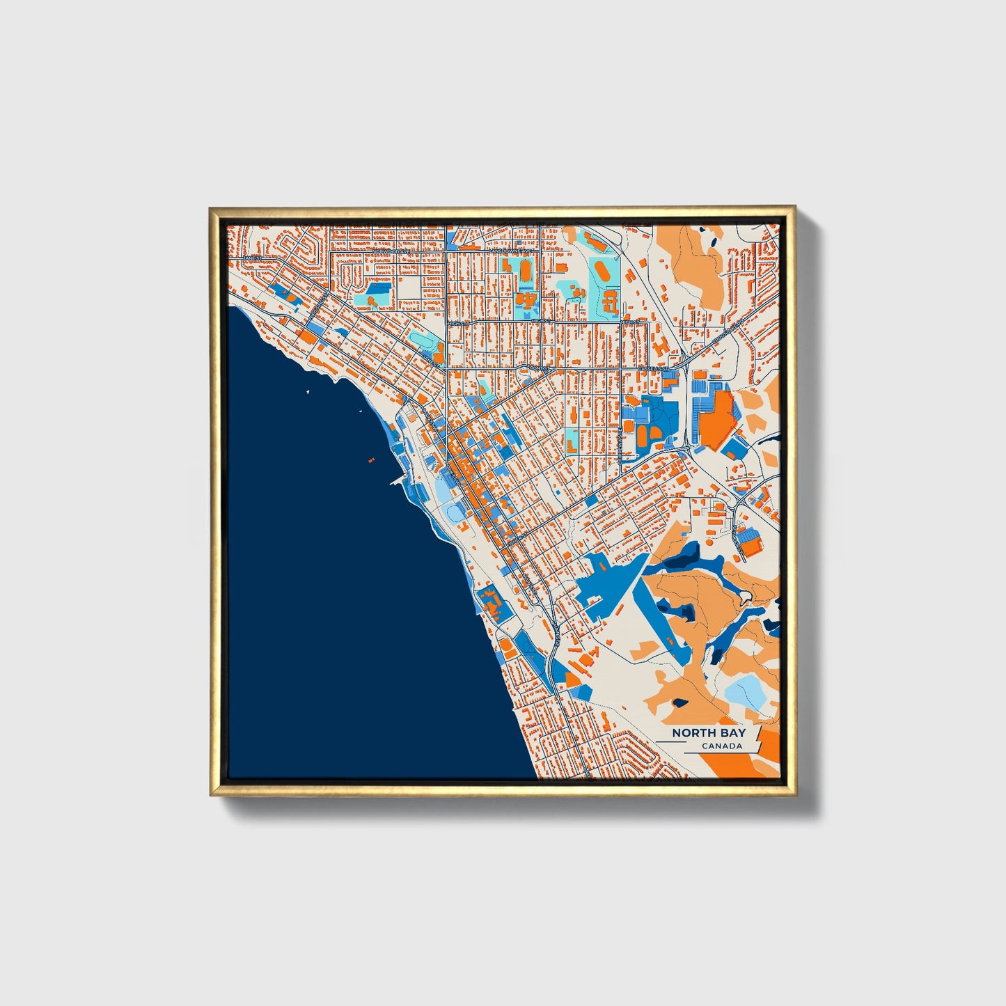 North Bay Canada Colorful City Map Canvas Print • Gold Framed
