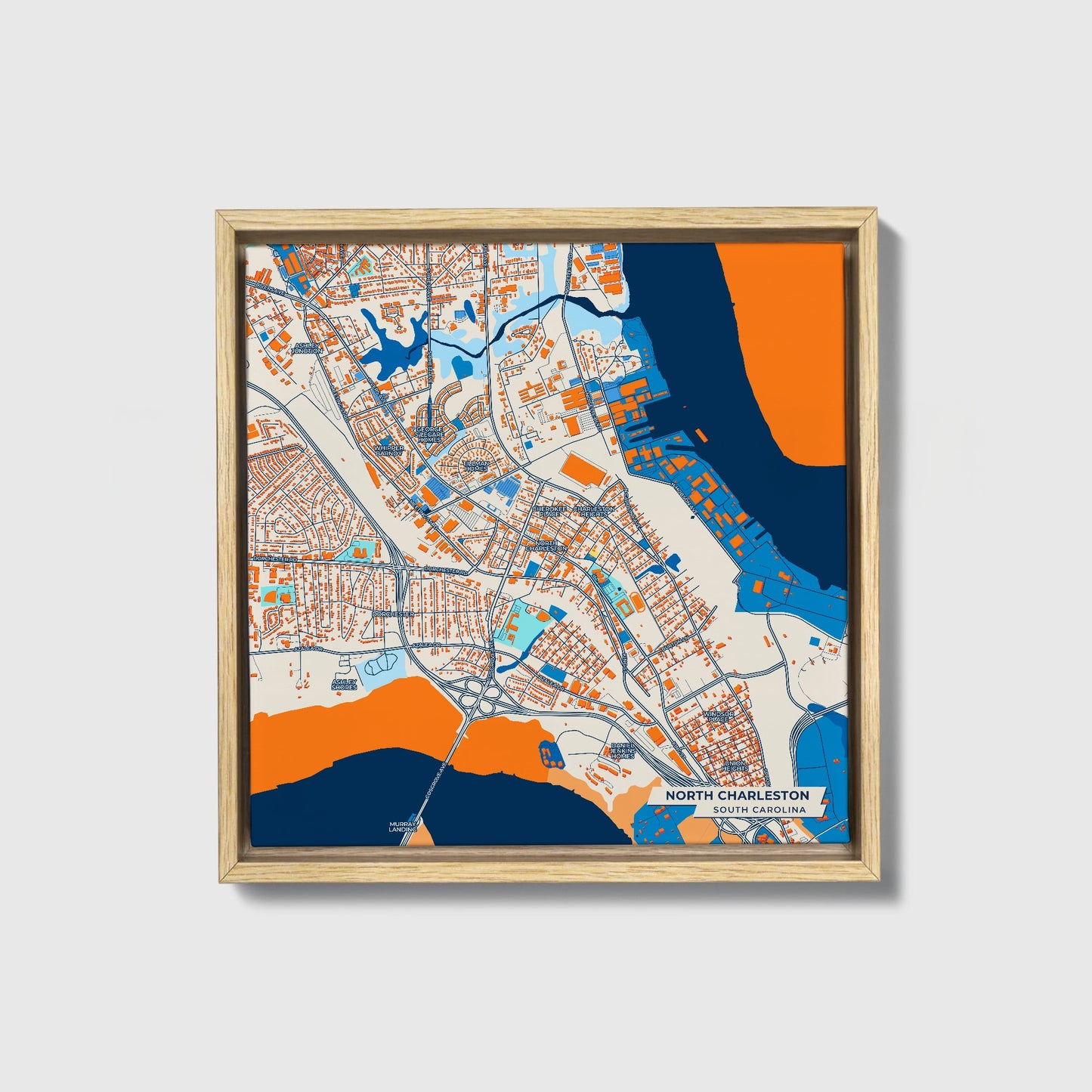 North Charleston South Carolina Colorful City Map Canvas Print • Natural Wooden Framed