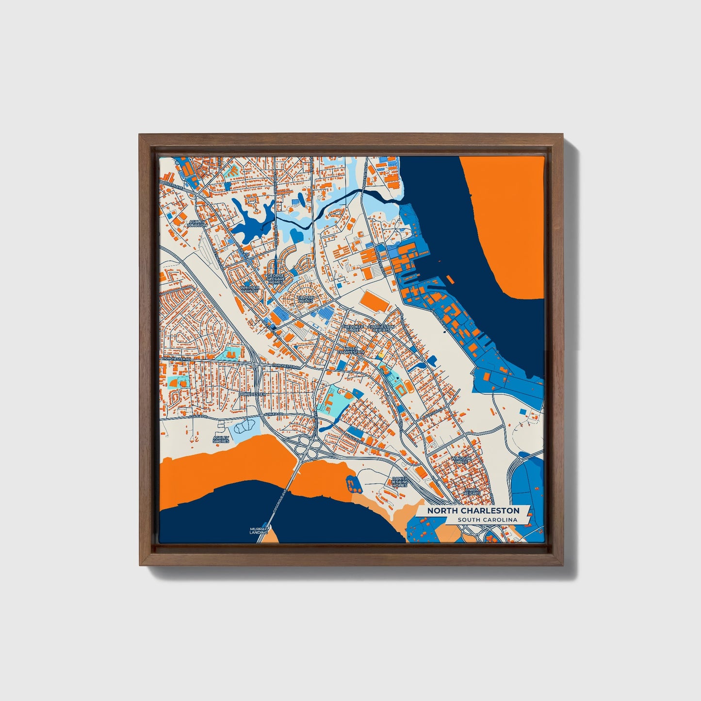 North Charleston South Carolina Colorful City Map Canvas Print • Dark Wooden Framed
