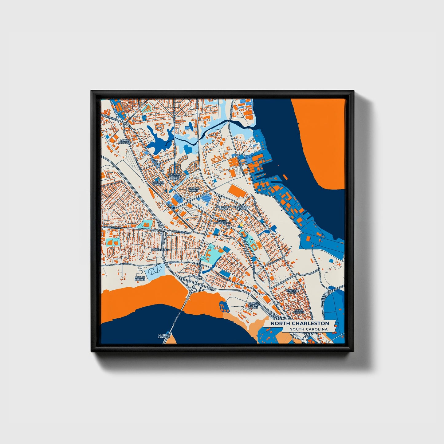 North Charleston South Carolina Colorful City Map Canvas Print • Black Framed