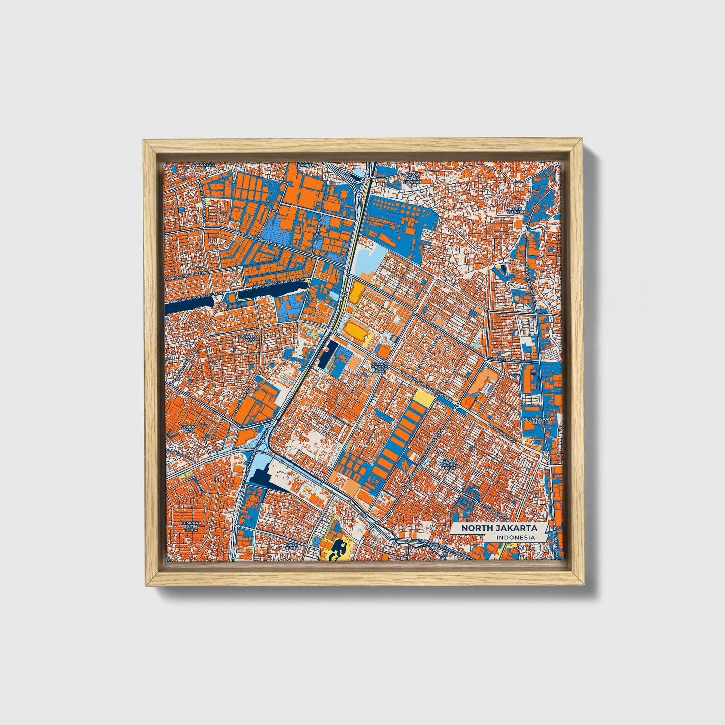 North Jakarta Indonesia Colorful City Map Canvas Print • Natural Wooden Framed