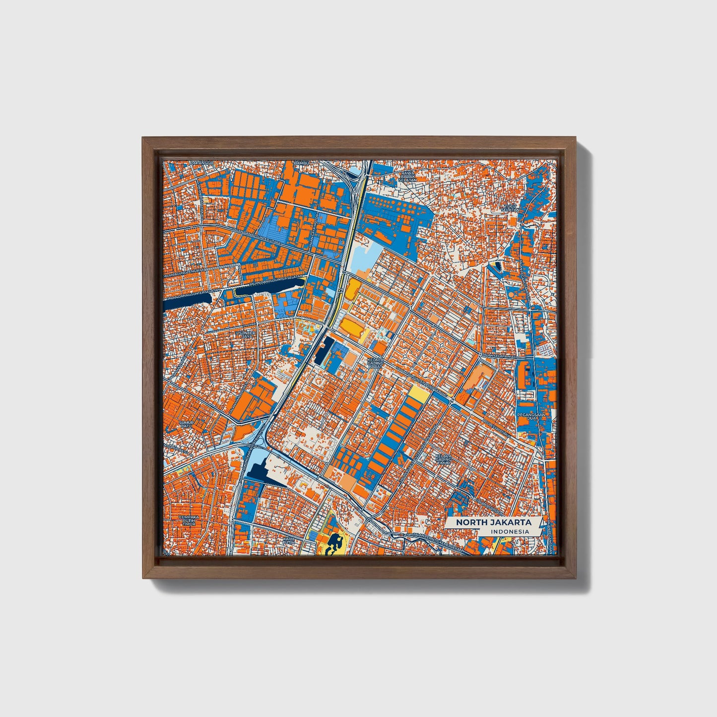 North Jakarta Indonesia Colorful City Map Canvas Print • Dark Wooden Framed