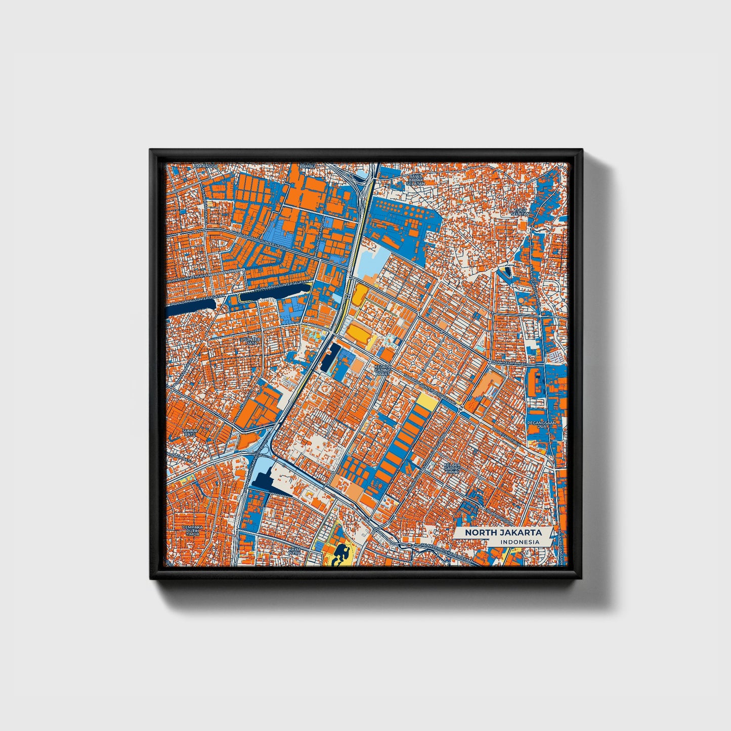 North Jakarta Indonesia Colorful City Map Canvas Print • Black Framed