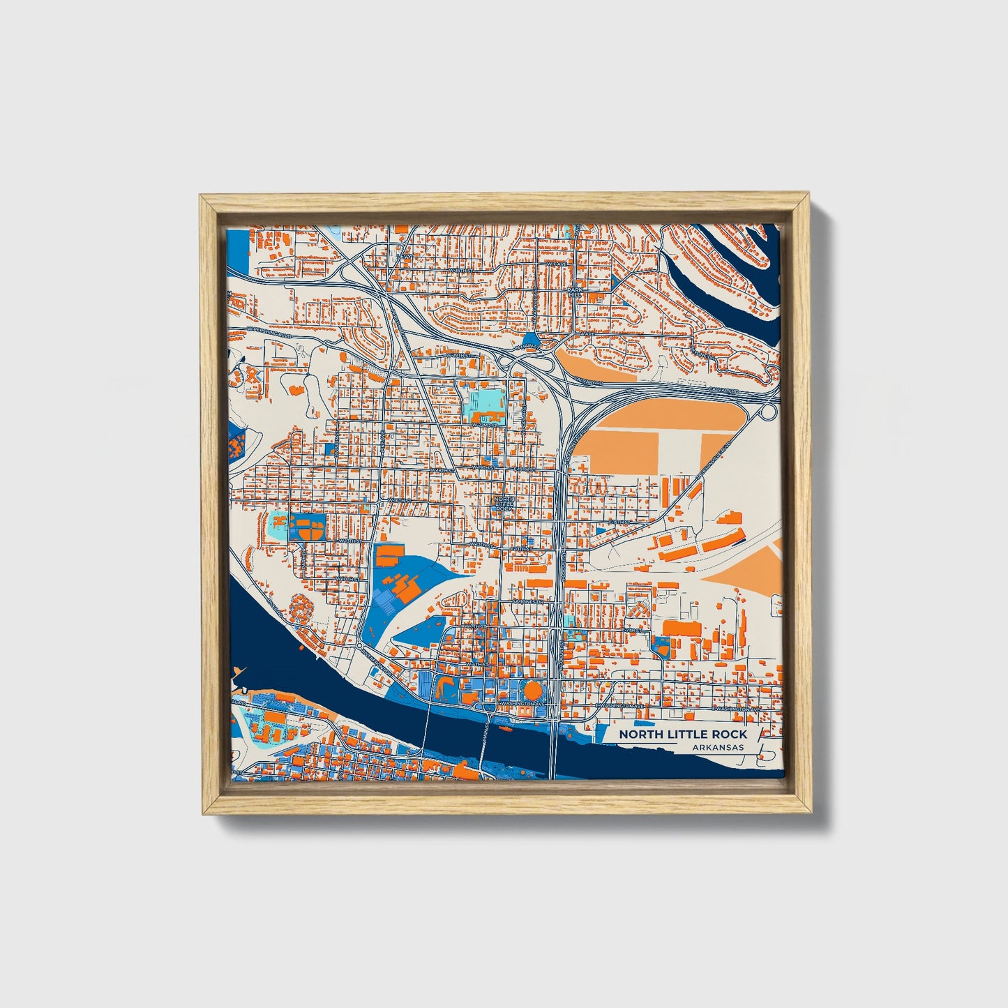 North Little Rock Arkansas Colorful City Map Canvas Print • Natural Wooden Framed