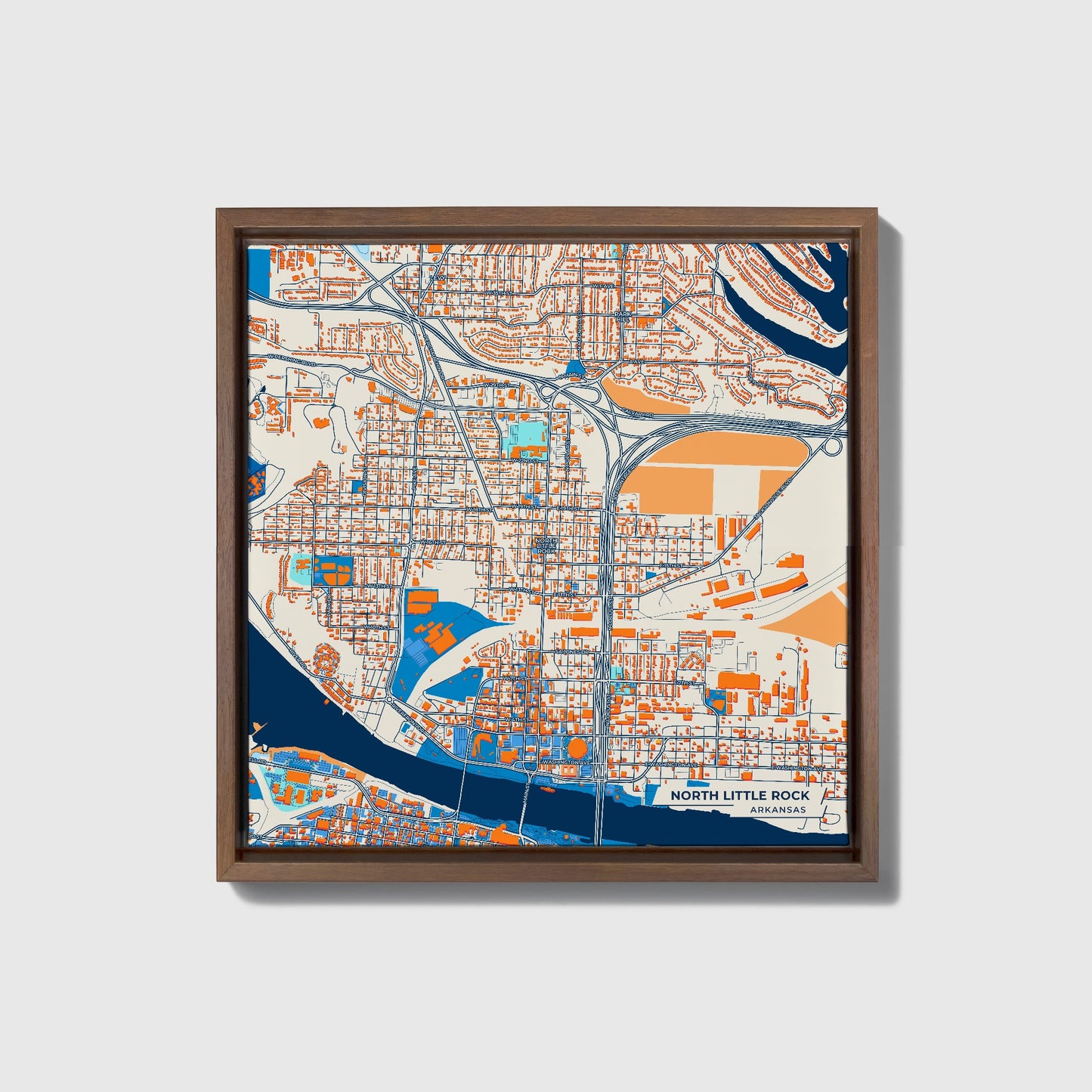 North Little Rock Arkansas Colorful City Map Canvas Print • Dark Wooden Framed