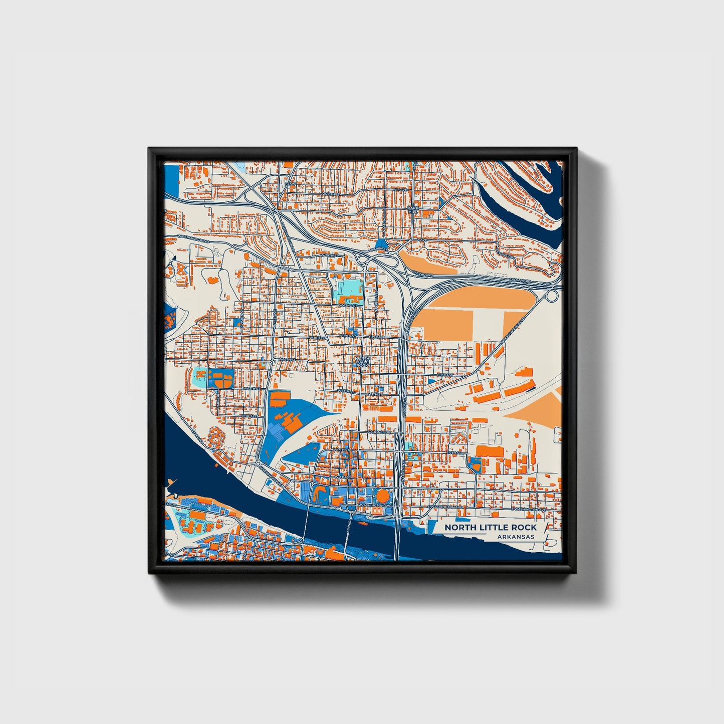 North Little Rock Arkansas Colorful City Map Canvas Print • Black Framed