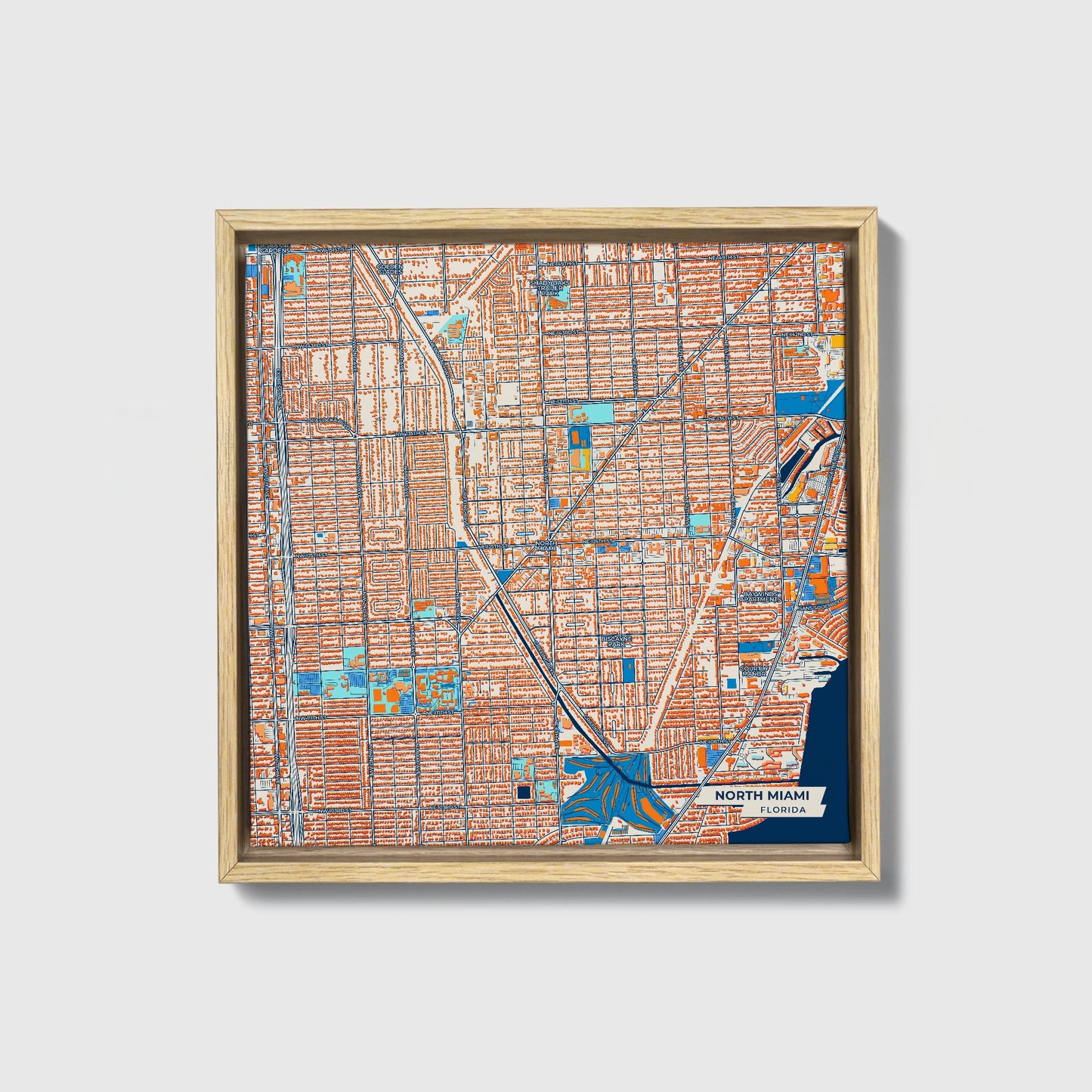 North Miami Florida Colorful City Map Canvas Print • Natural Wooden Framed