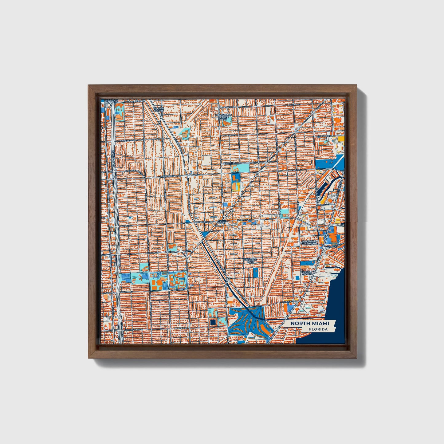 North Miami Florida Colorful City Map Canvas Print • Dark Wooden Framed