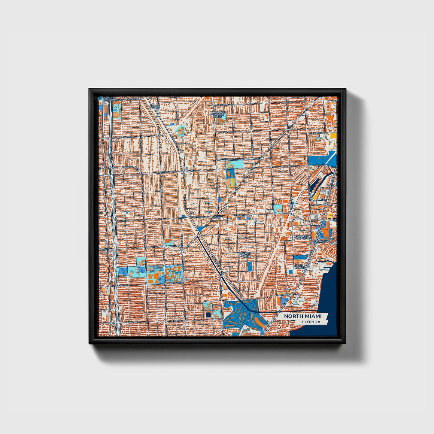 North Miami Florida Colorful City Map Canvas Print • Black Framed