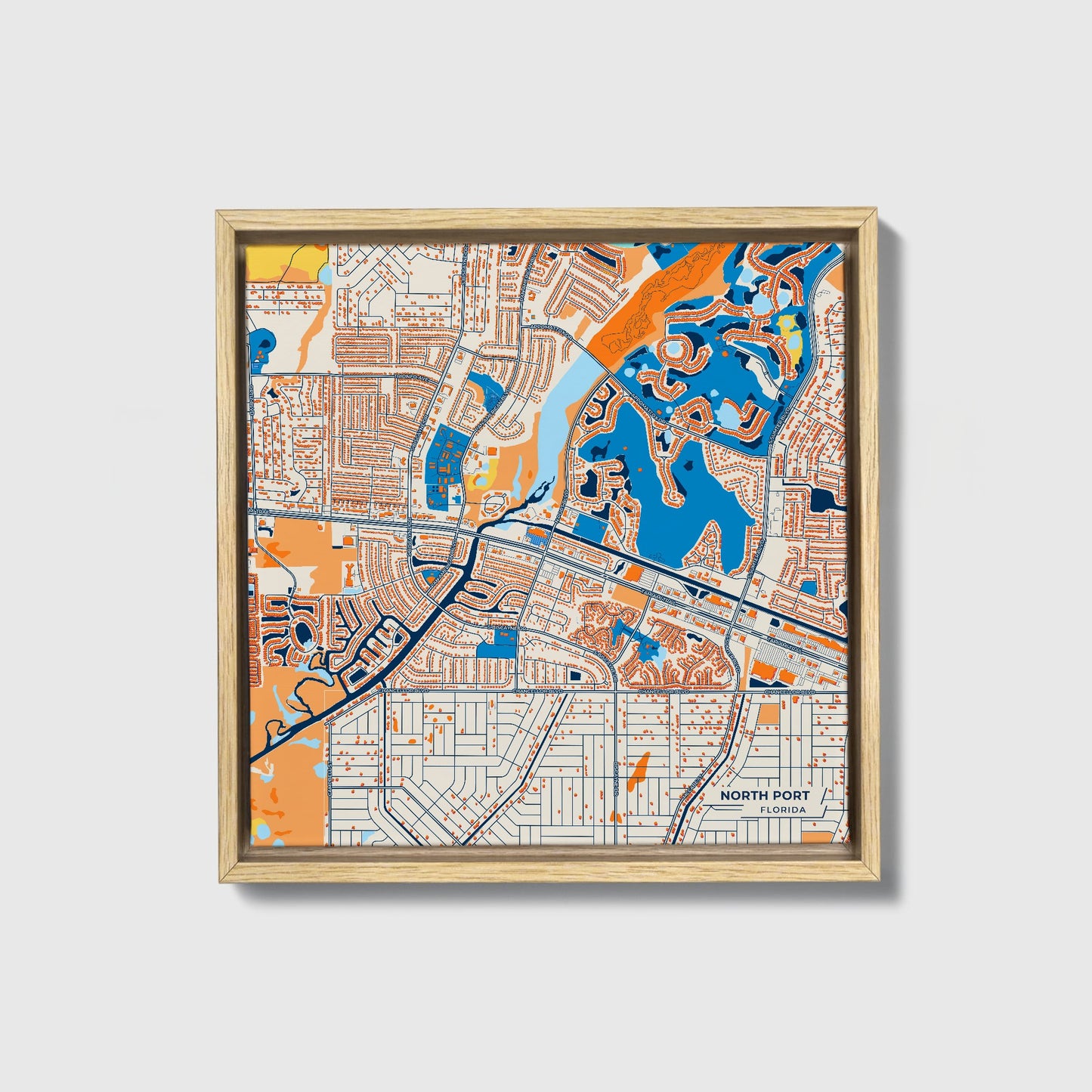 North Port Florida Colorful City Map Canvas Print • Natural Wooden Framed