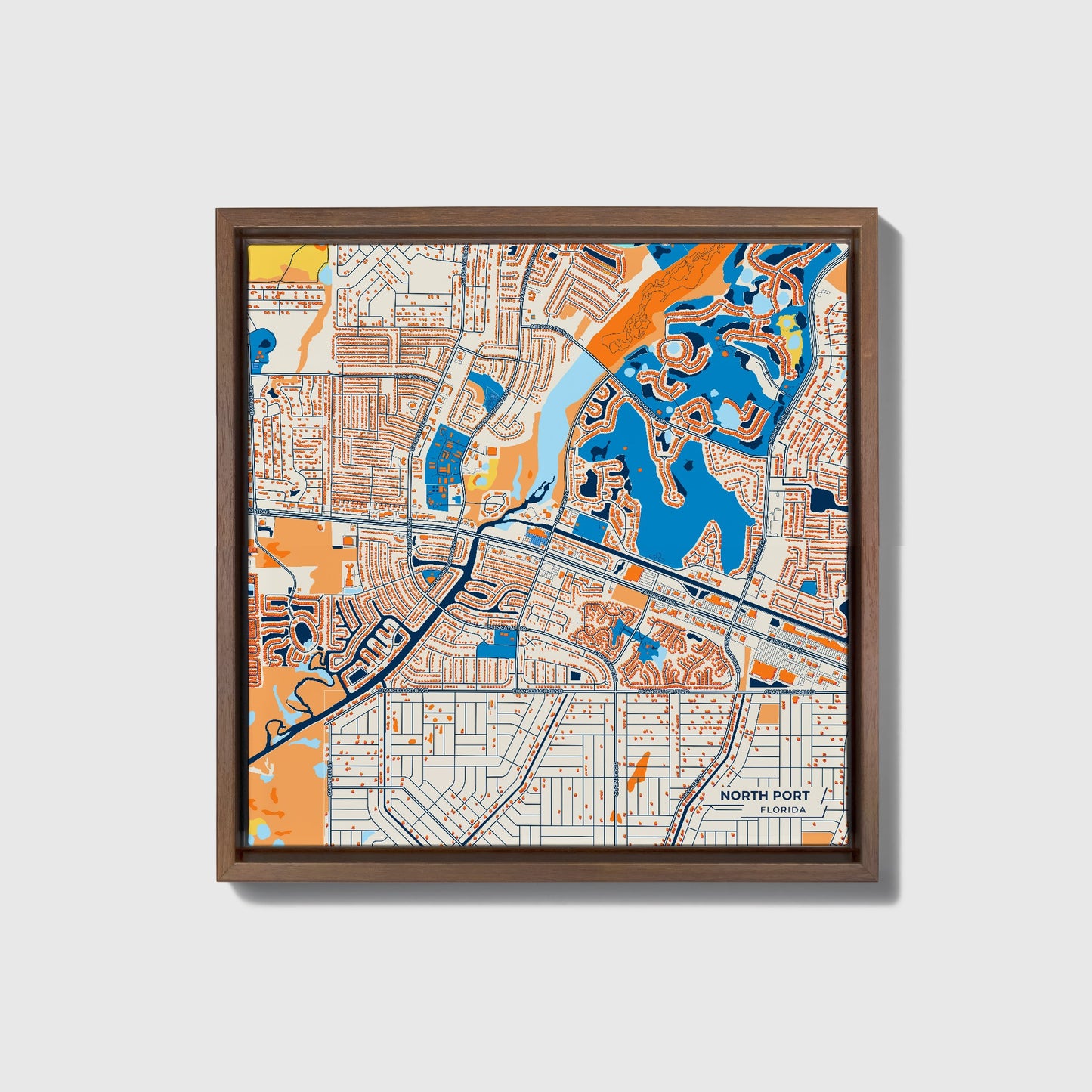 North Port Florida Colorful City Map Canvas Print • Dark Wooden Framed