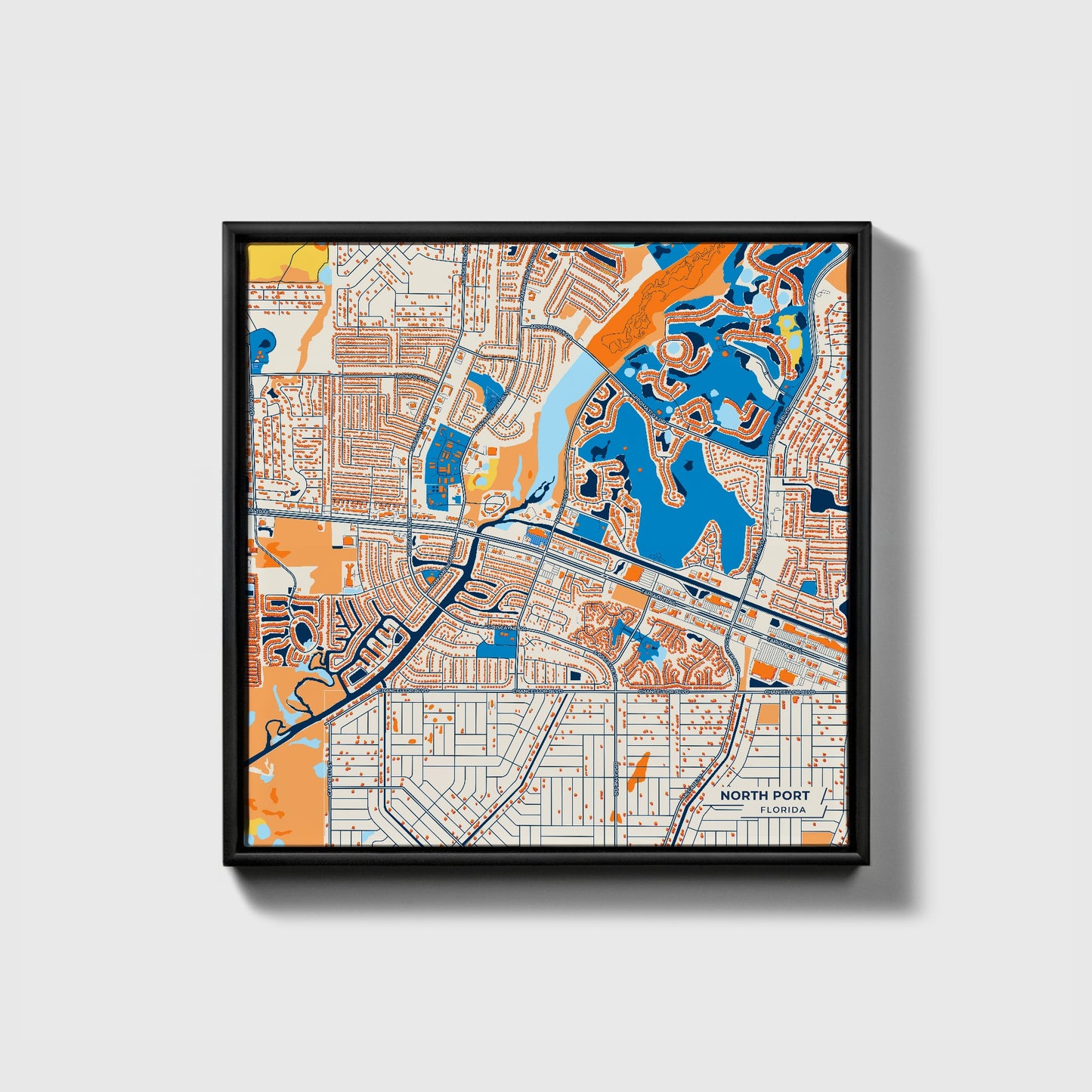 North Port Florida Colorful City Map Canvas Print • Black Framed
