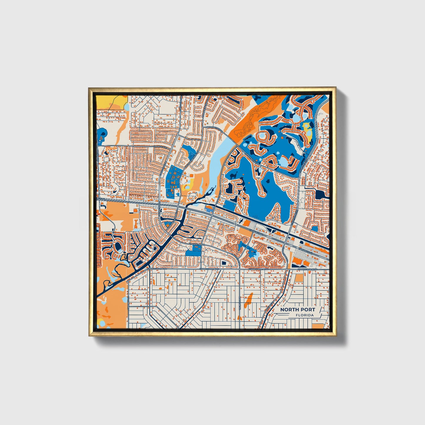 North Port Florida Colorful City Map Canvas Print • Gold Framed