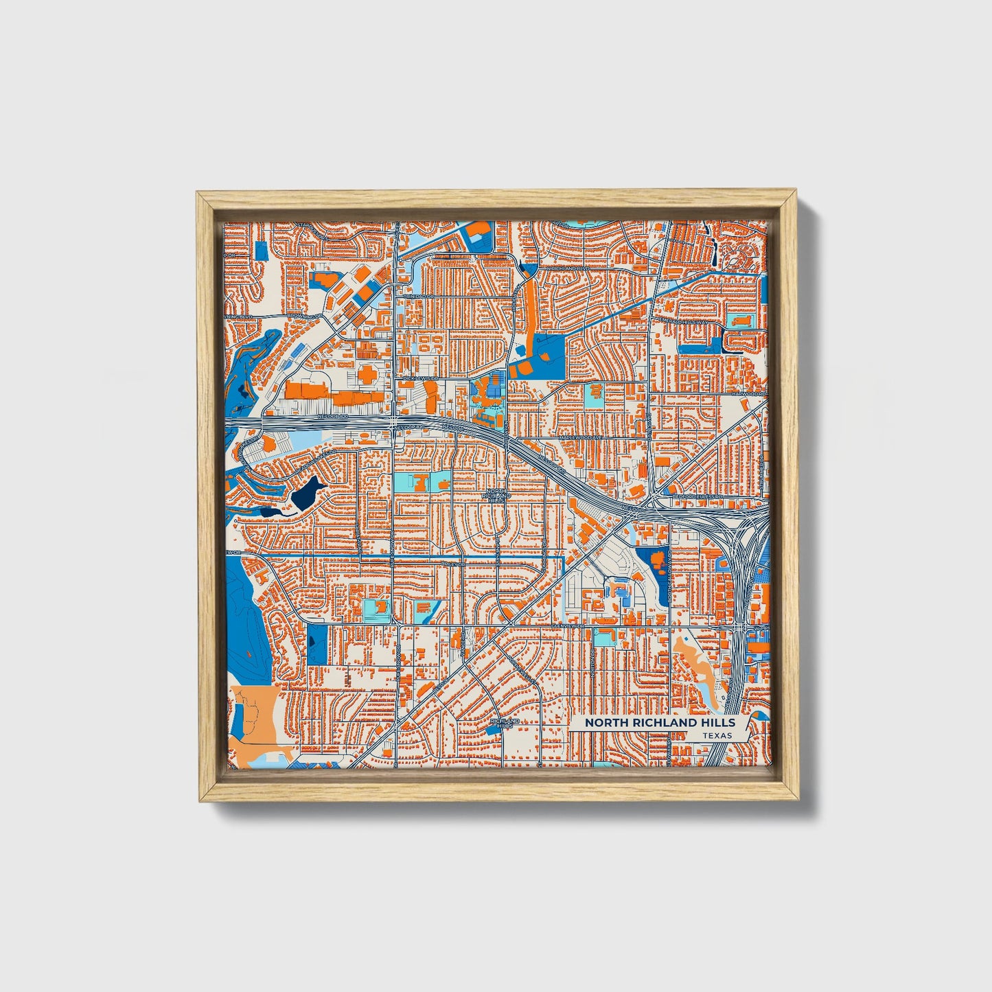 North Richland Hills Texas Colorful City Map Canvas Print • Natural Wooden Framed
