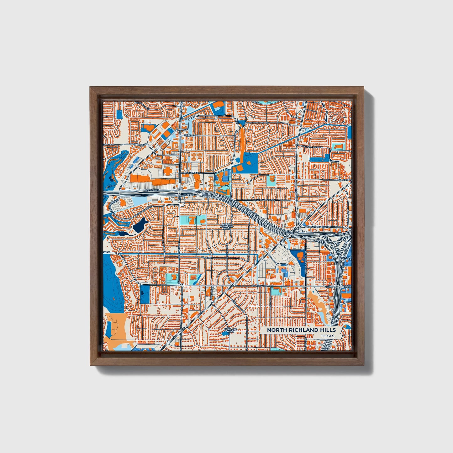 North Richland Hills Texas Colorful City Map Canvas Print • Dark Wooden Framed
