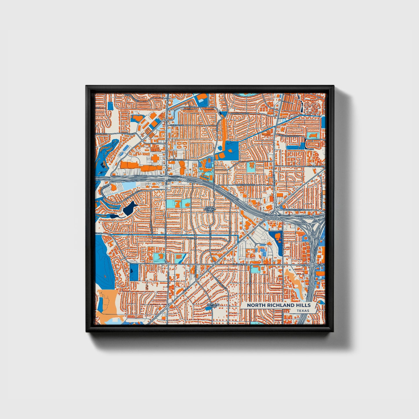North Richland Hills Texas Colorful City Map Canvas Print • Black Framed