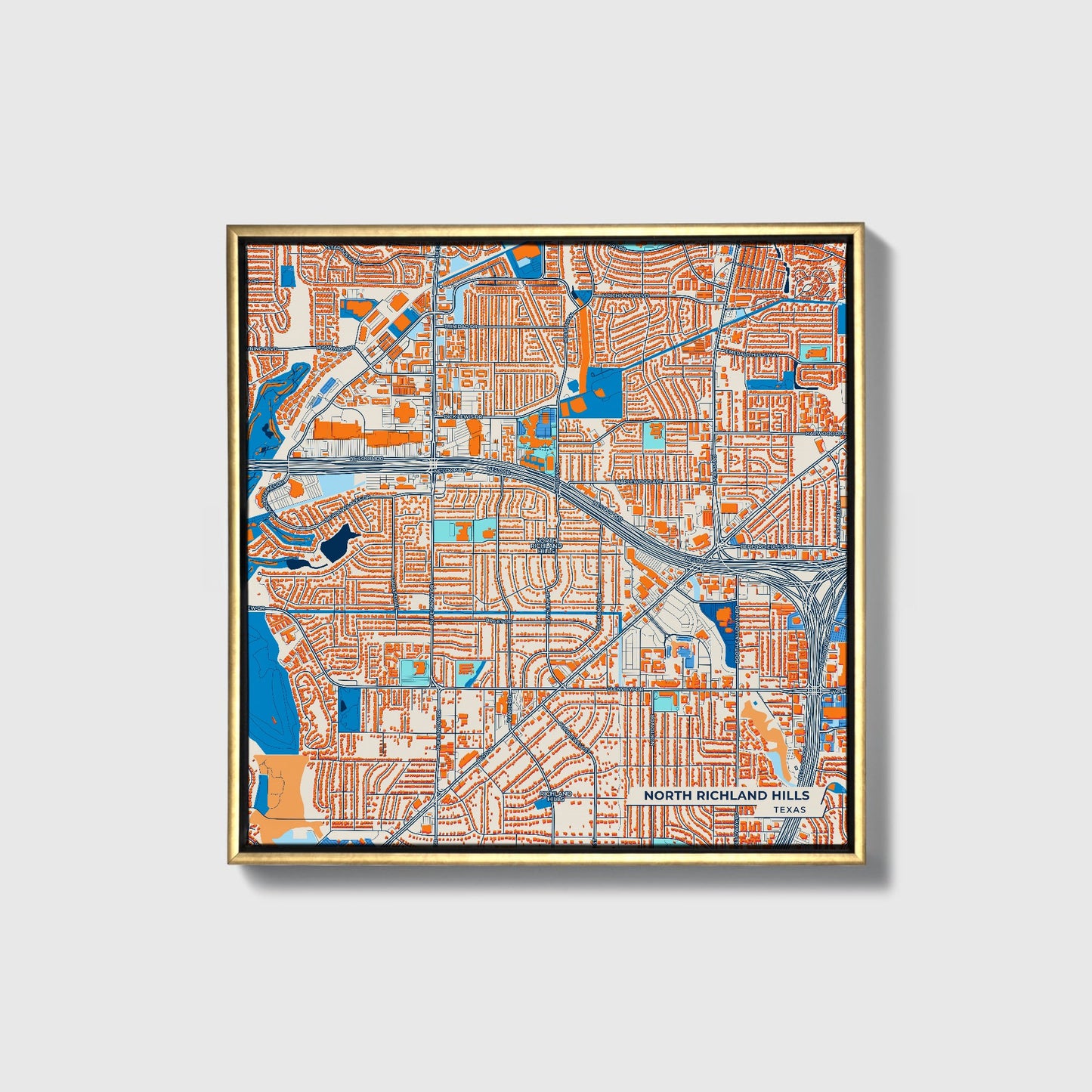 North Richland Hills Texas Colorful City Map Canvas Print • Gold Framed