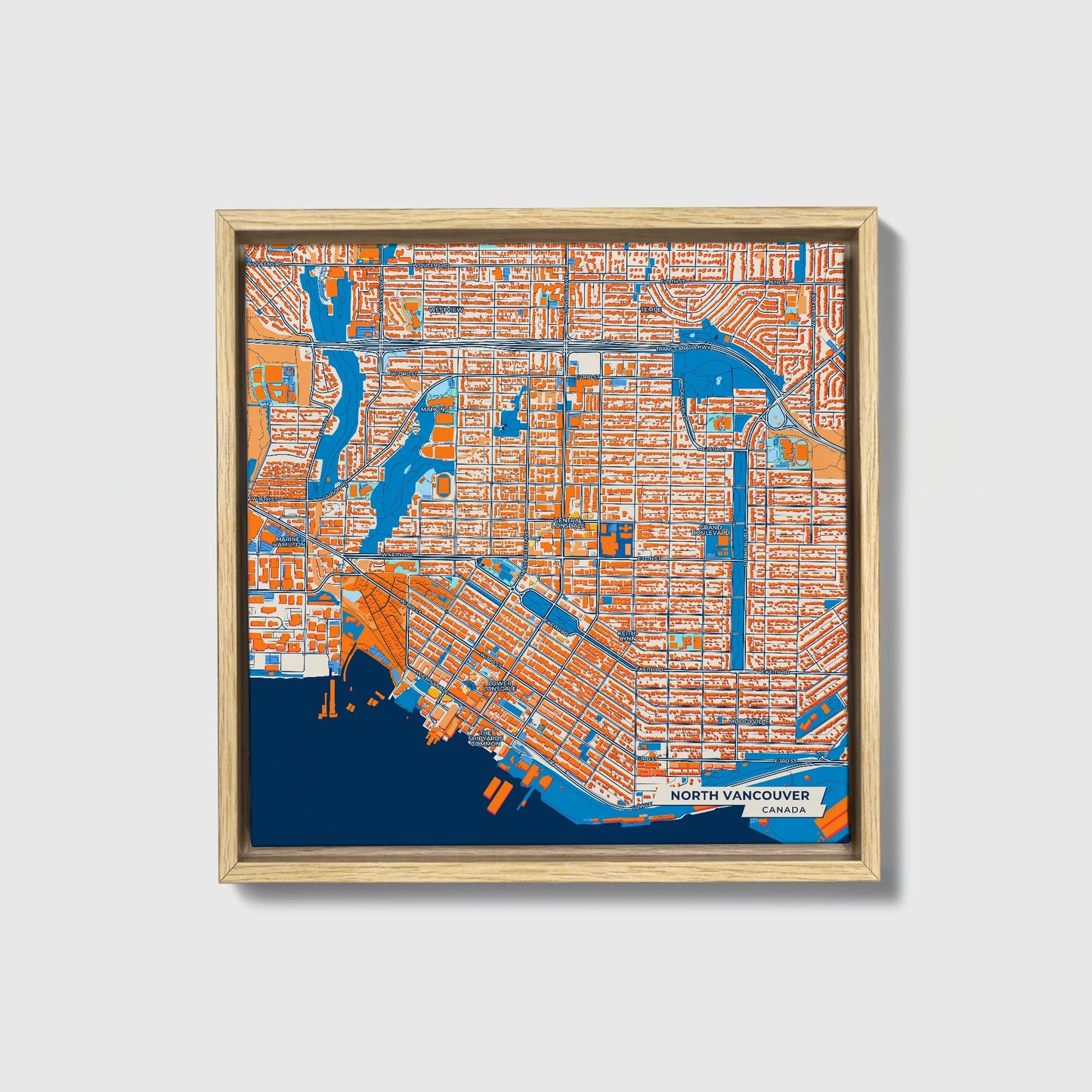 North Vancouver Canada Colorful City Map Canvas Print • Natural Wooden Framed