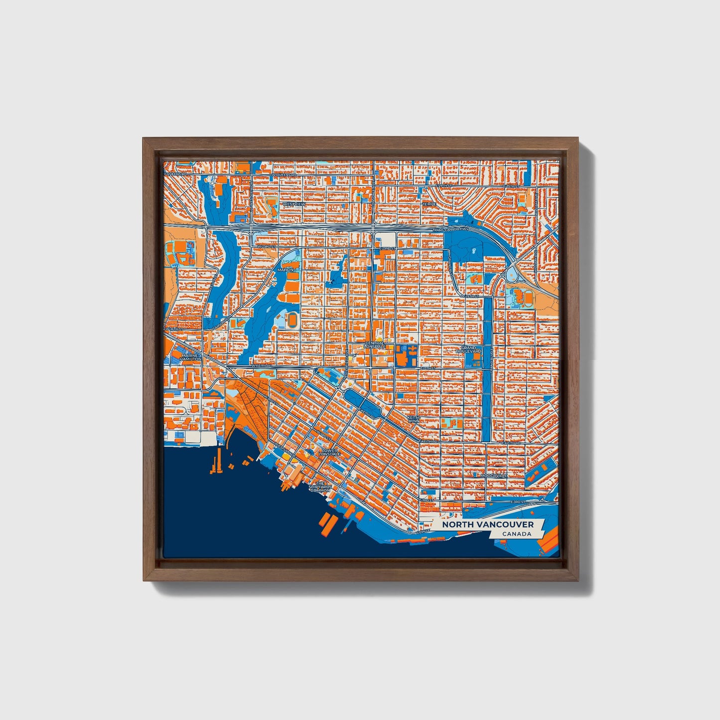 North Vancouver Canada Colorful City Map Canvas Print • Dark Wooden Framed