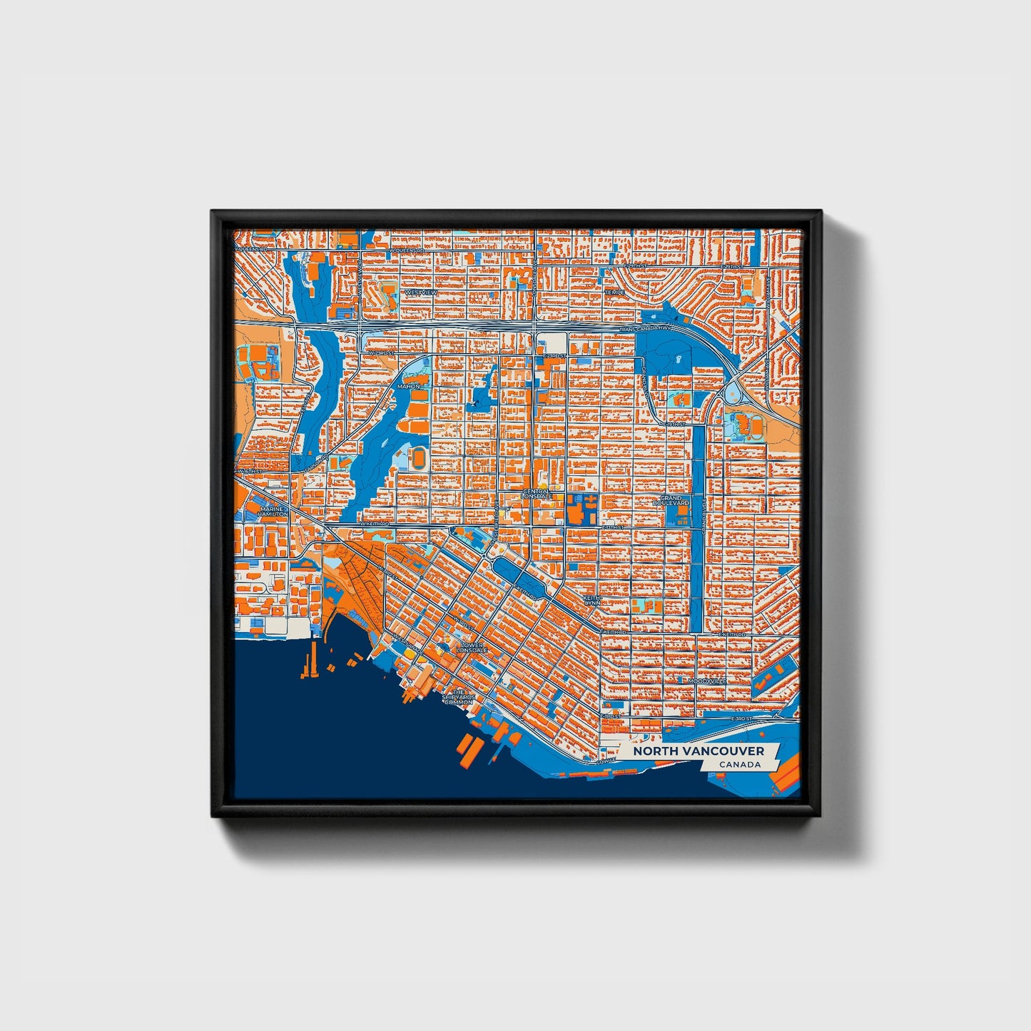North Vancouver Canada Colorful City Map Canvas Print • Black Framed