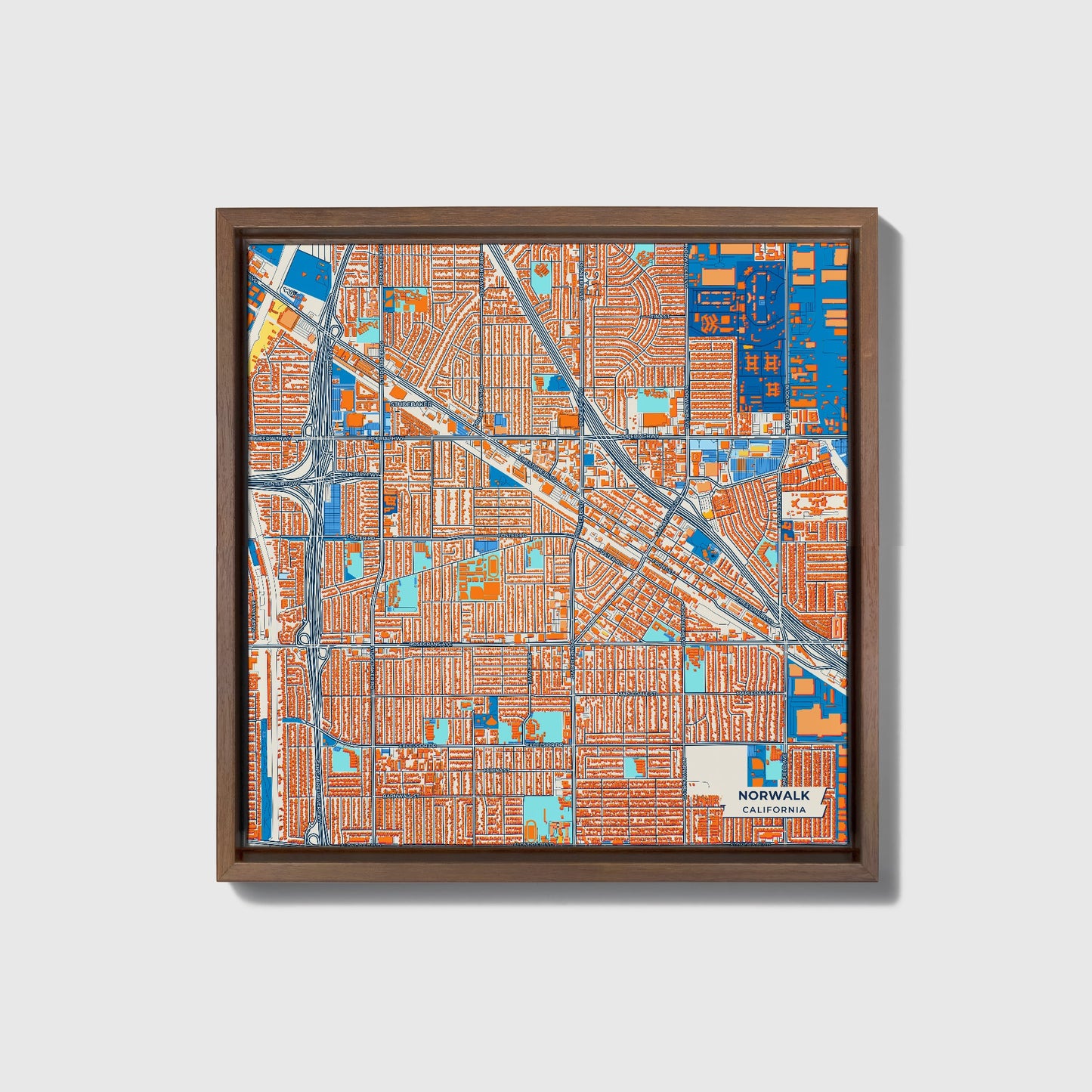 Norwalk California Colorful City Map Canvas Print • Dark Wooden Framed