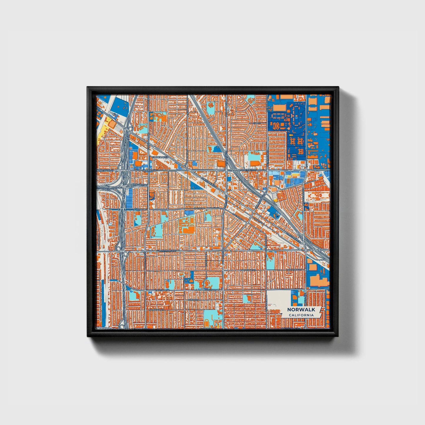 Norwalk California Colorful City Map Canvas Print • Black Framed