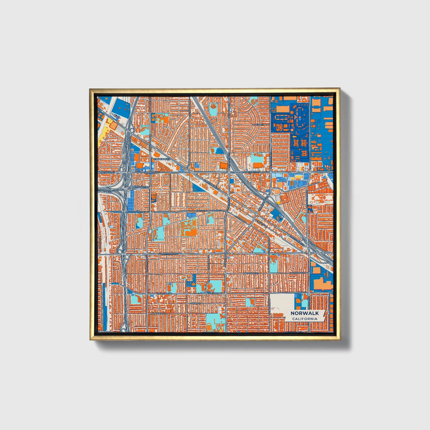 Norwalk California Colorful City Map Canvas Print • Gold Framed