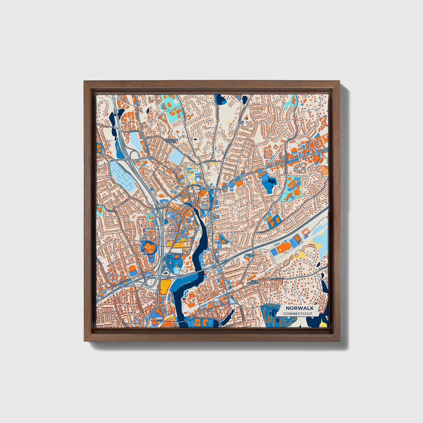 Norwalk Connecticut Colorful City Map Canvas Print • Dark Wooden Framed