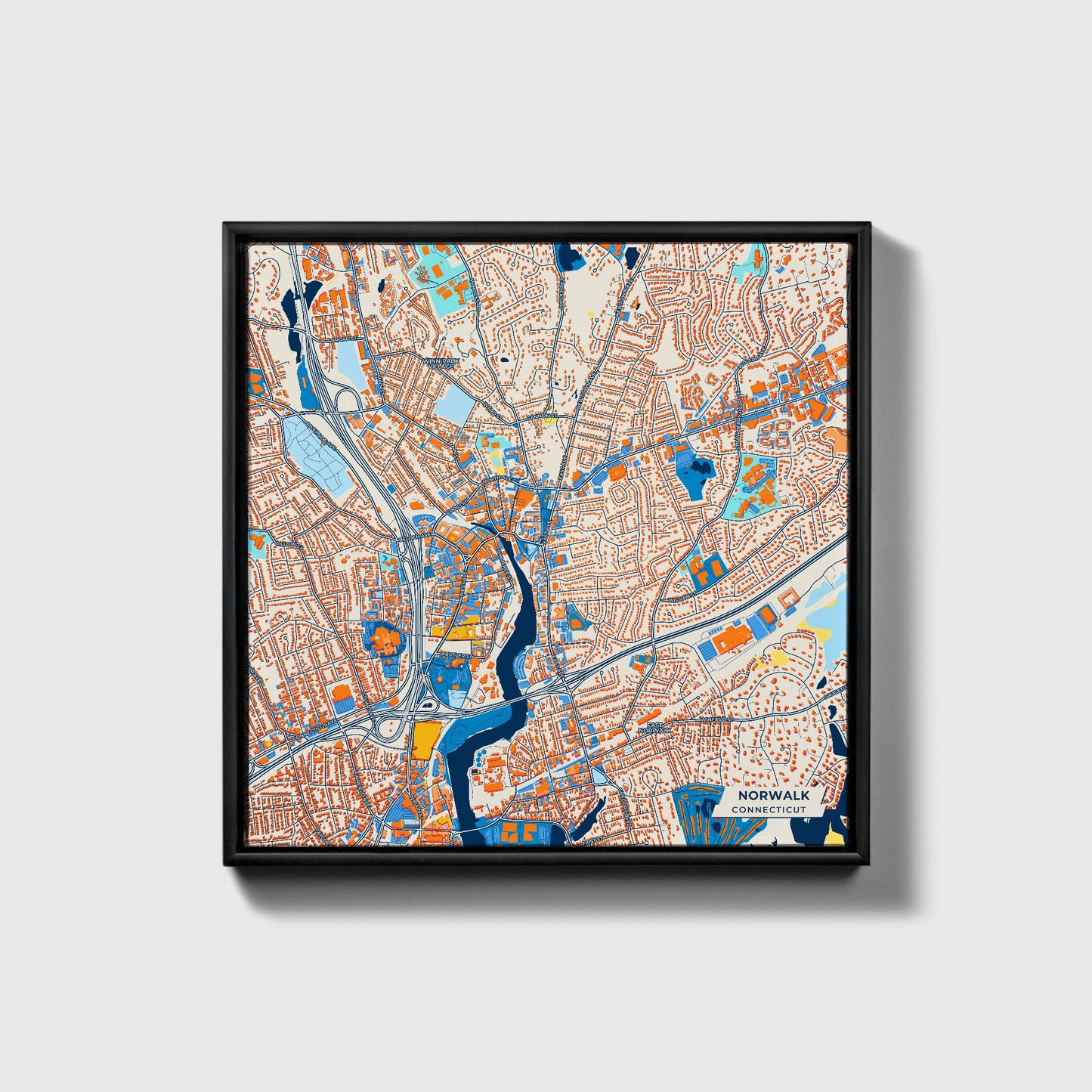 Norwalk Connecticut Colorful City Map Canvas Print • Black Framed