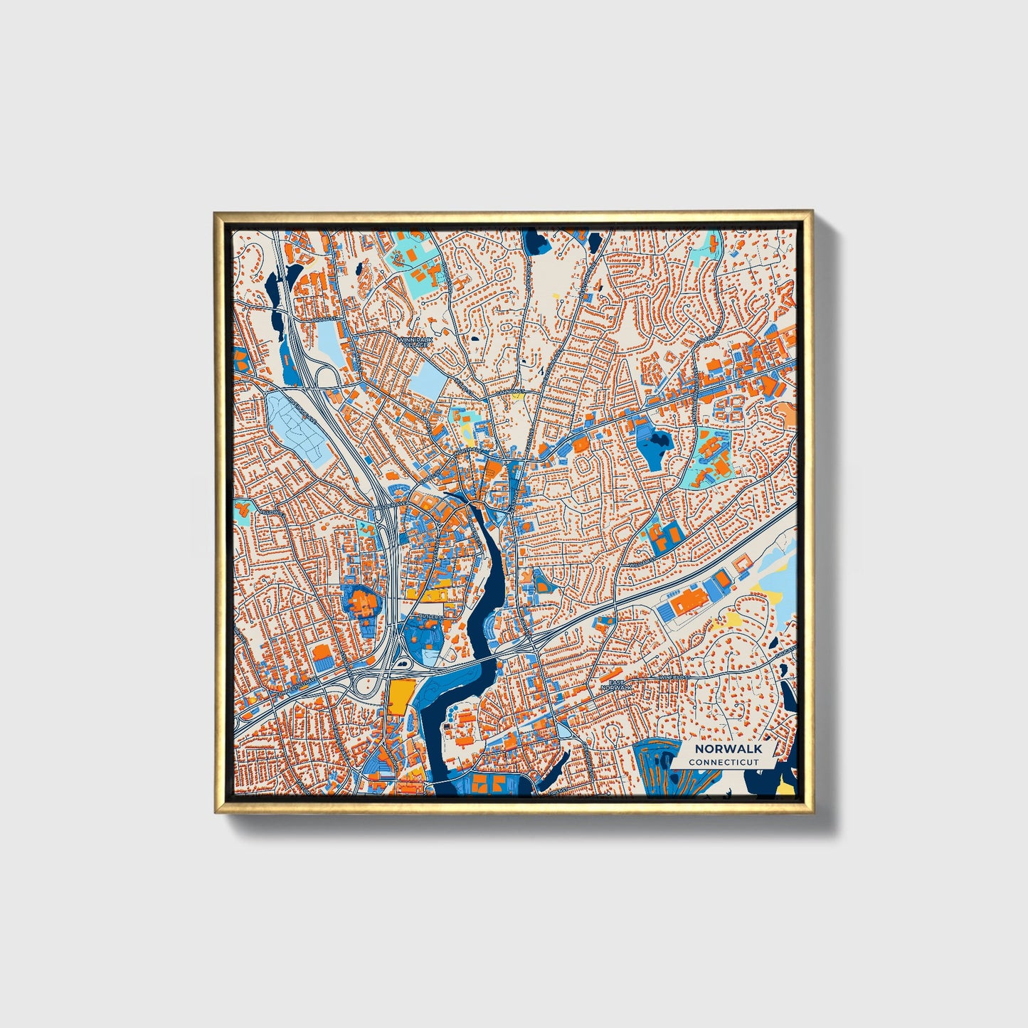 Norwalk Connecticut Colorful City Map Canvas Print • Gold Framed