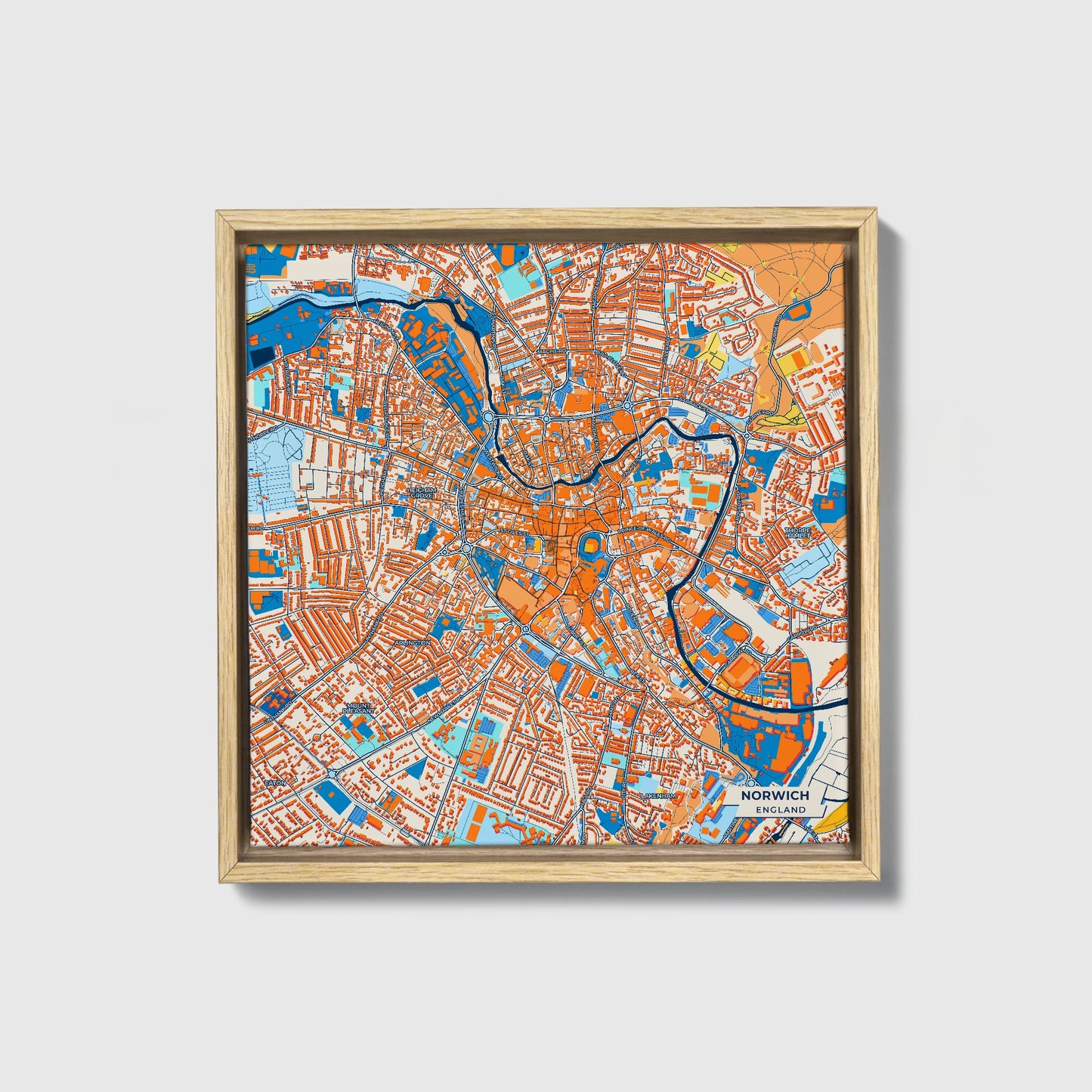 Norwich England Colorful City Map Canvas Print • Natural Wooden Framed