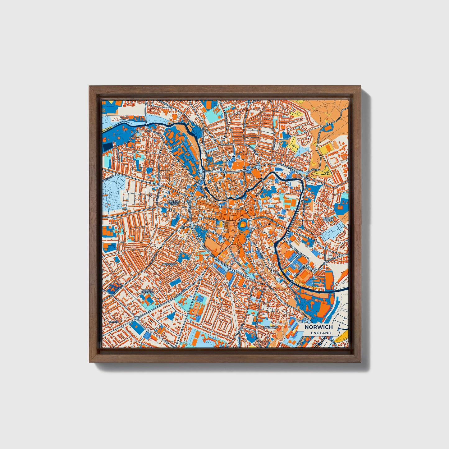Norwich England Colorful City Map Canvas Print • Dark Wooden Framed
