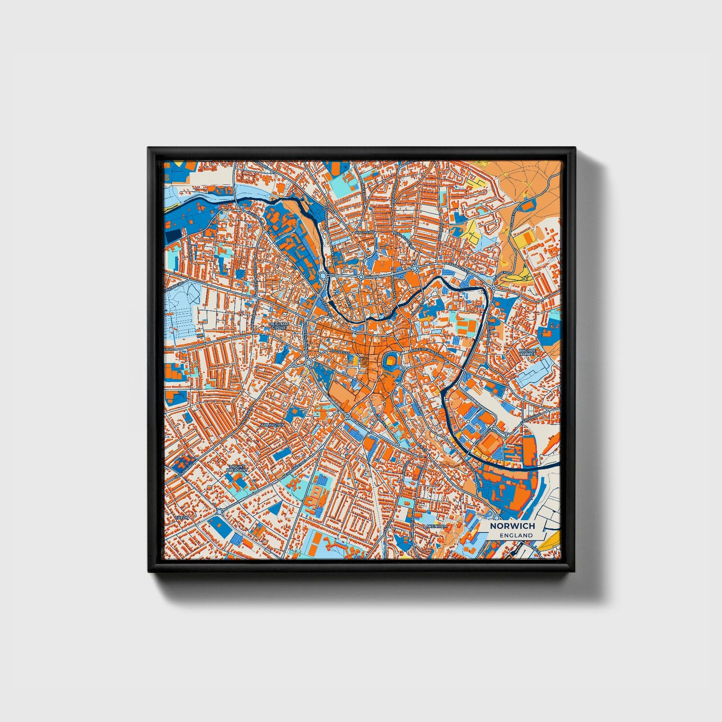 Norwich England Colorful City Map Canvas Print • Black Framed