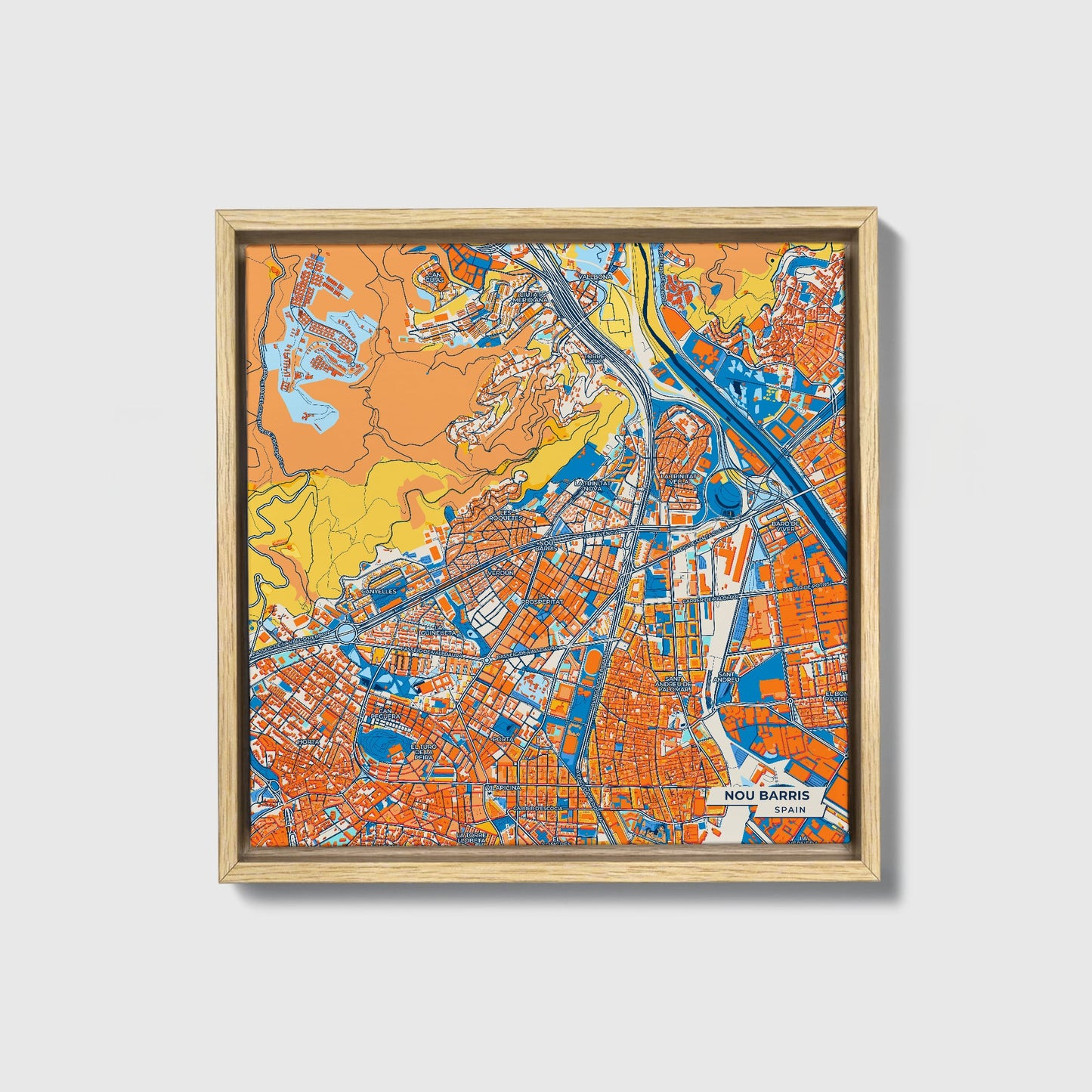 Nou Barris Spain Colorful City Map Canvas Print • Natural Wooden Framed
