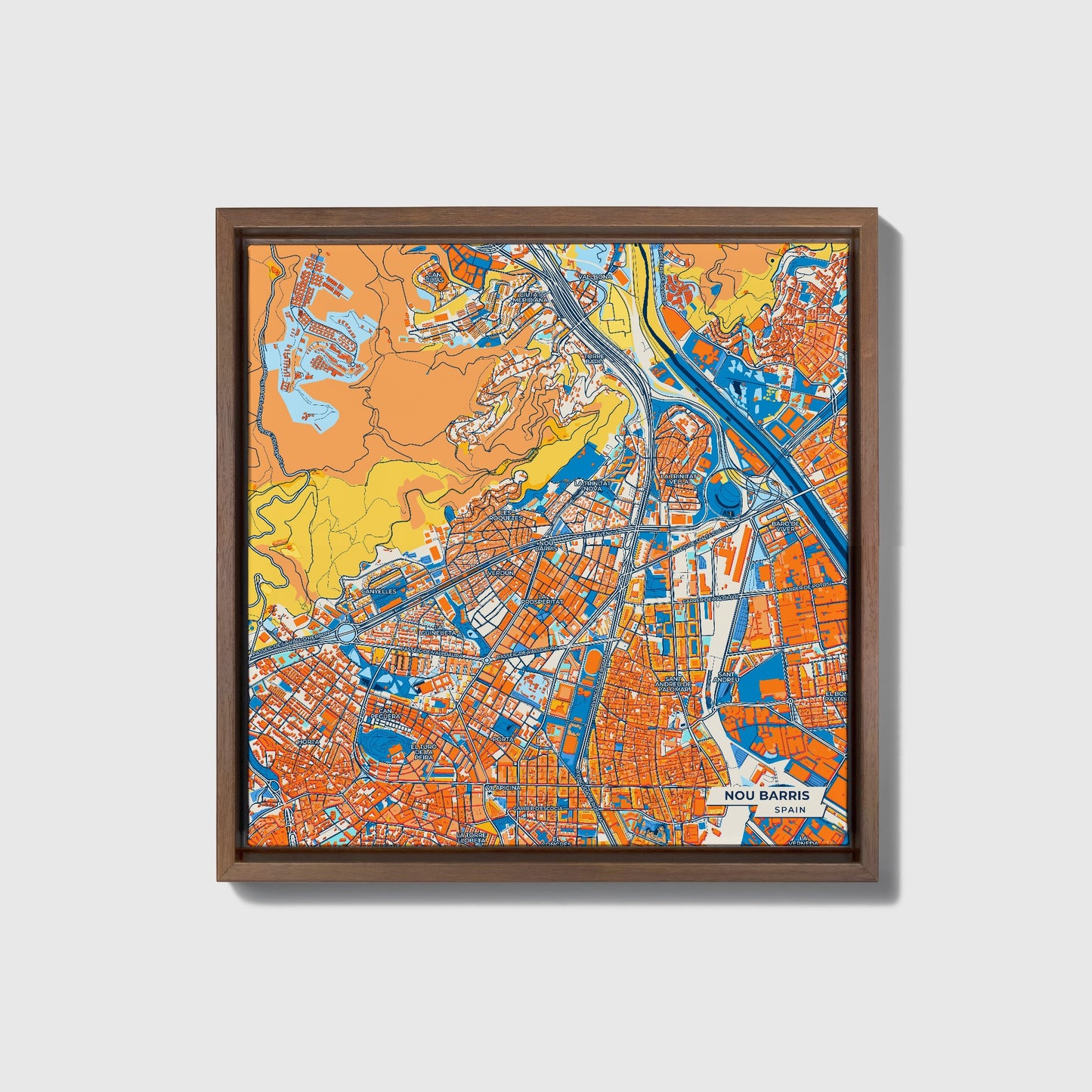 Nou Barris Spain Colorful City Map Canvas Print • Dark Wooden Framed