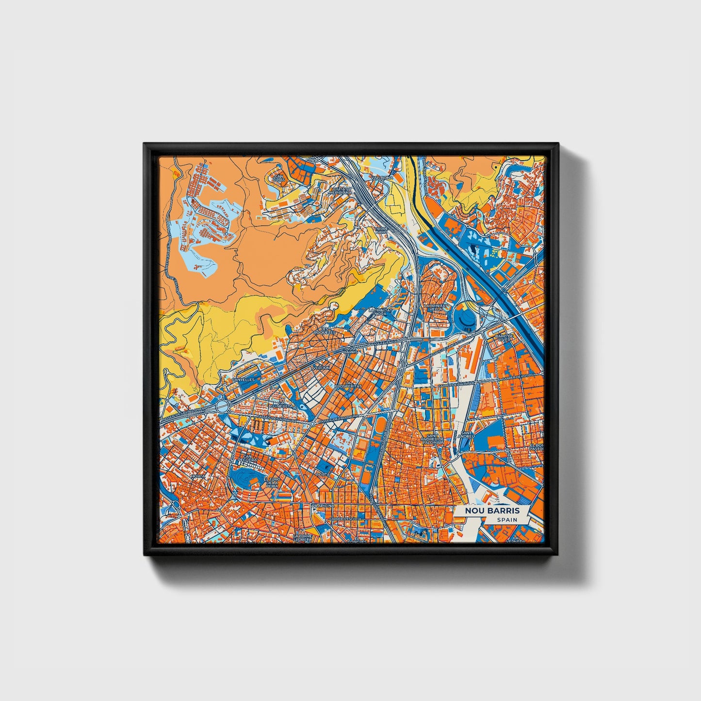 Nou Barris Spain Colorful City Map Canvas Print • Black Framed