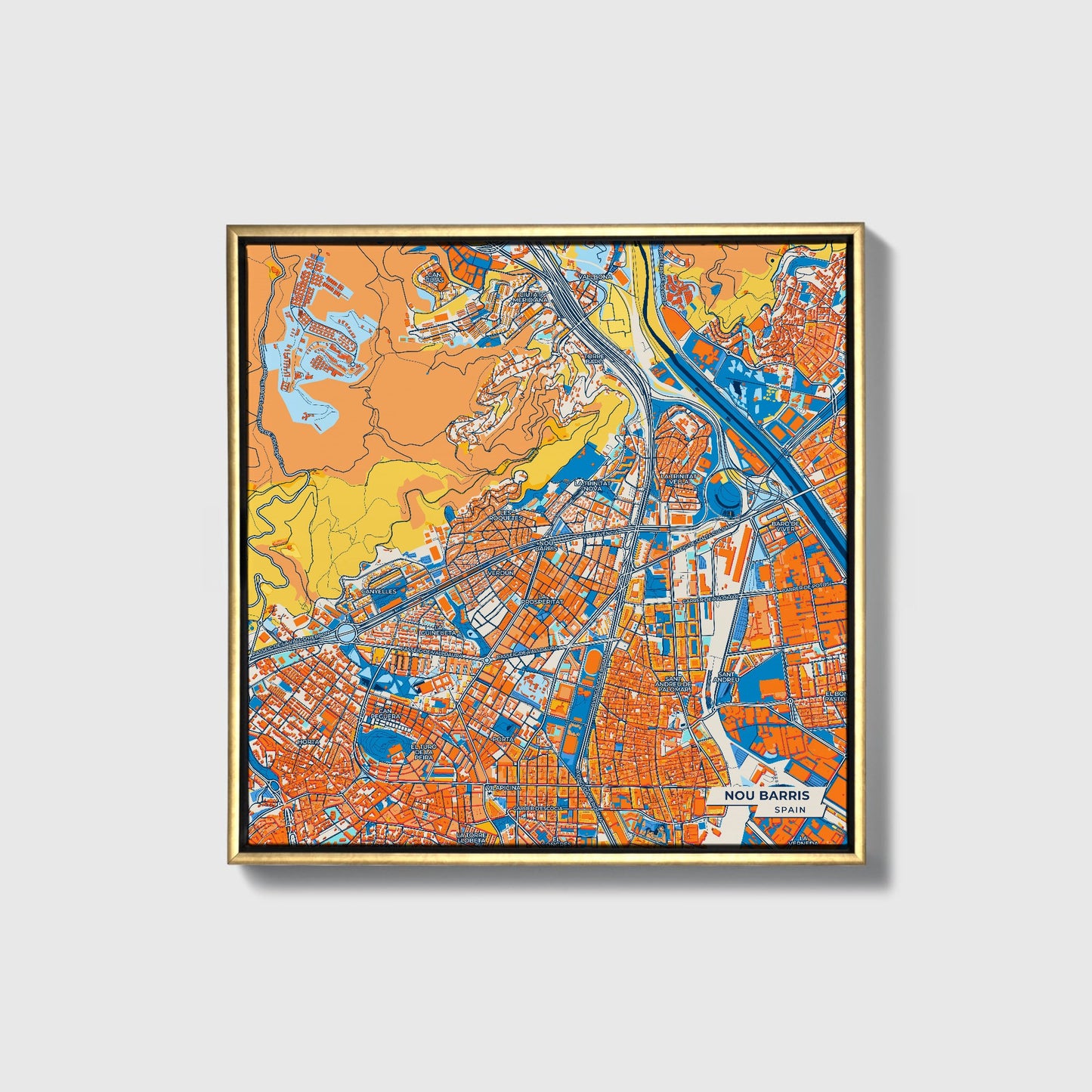 Nou Barris Spain Colorful City Map Canvas Print • Gold Framed