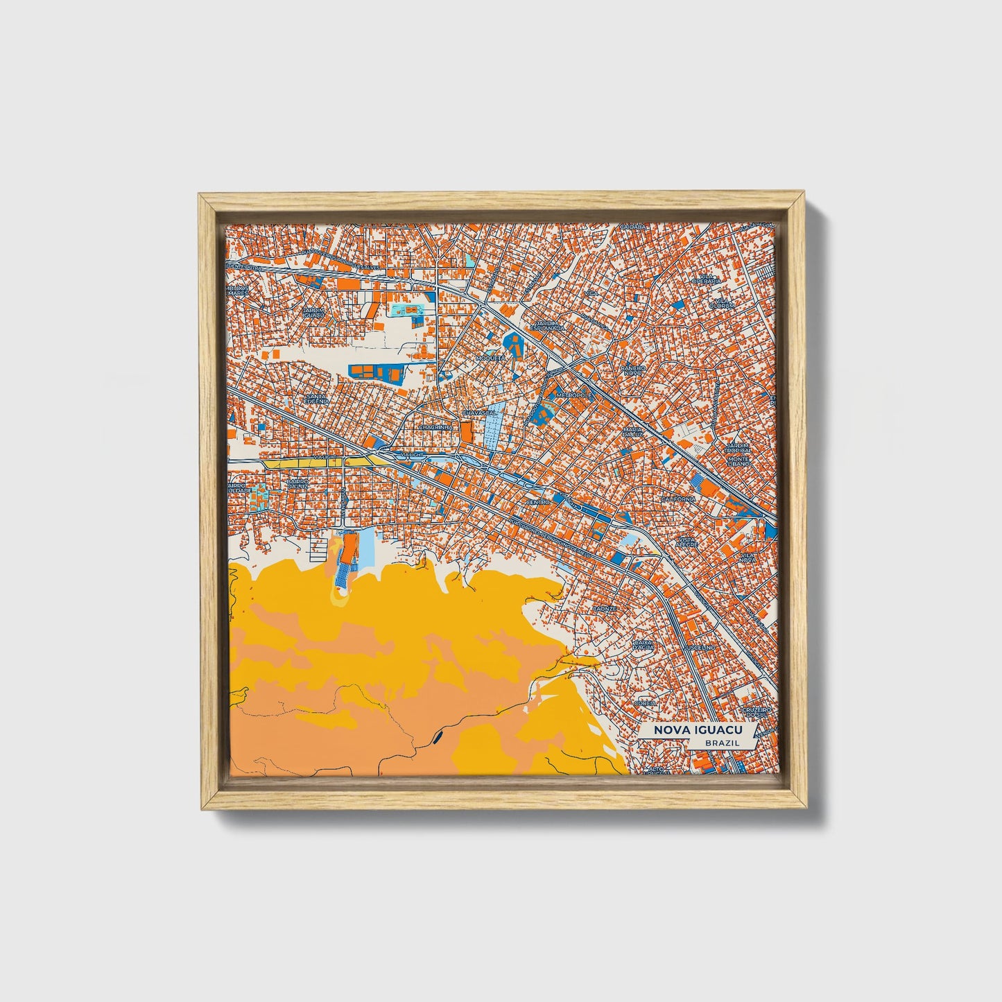 Nova Iguacu Brazil Colorful City Map Canvas Print • Natural Wooden Framed