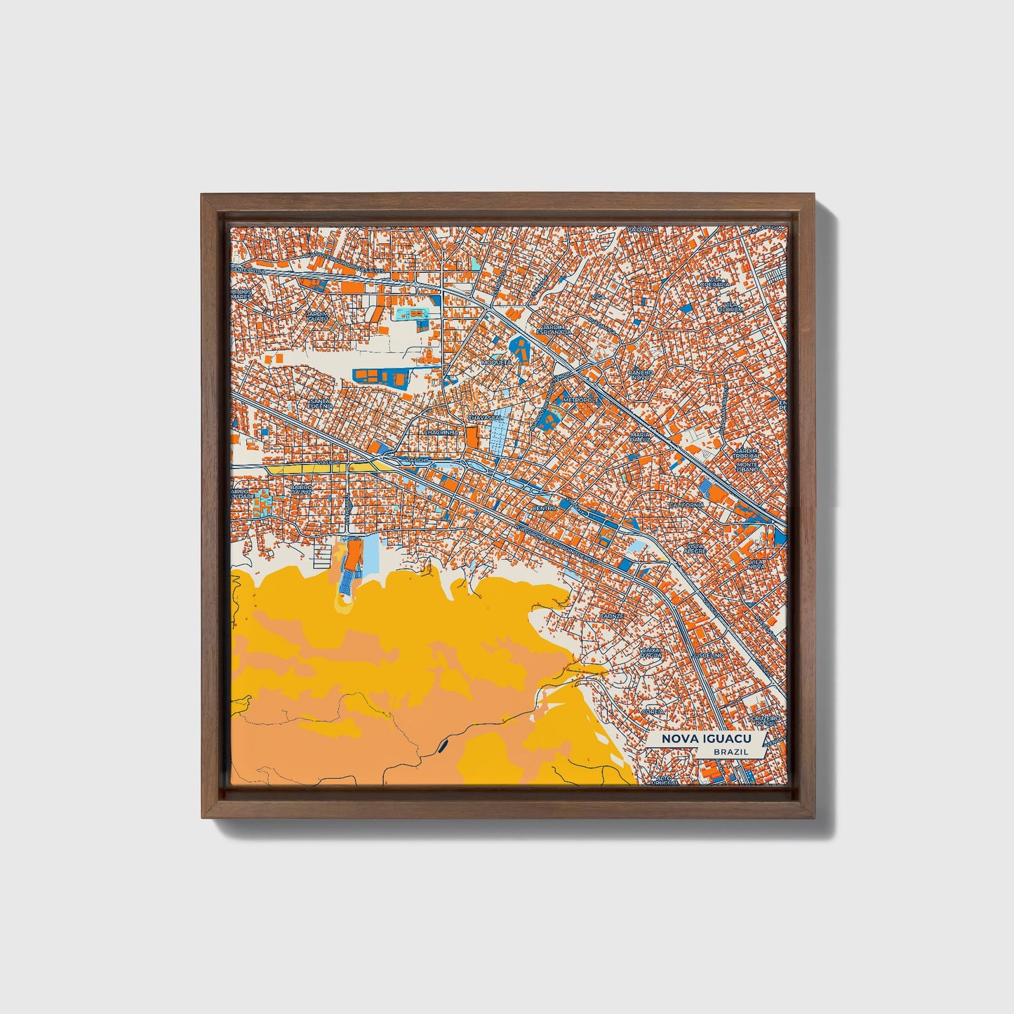 Nova Iguacu Brazil Colorful City Map Canvas Print • Dark Wooden Framed