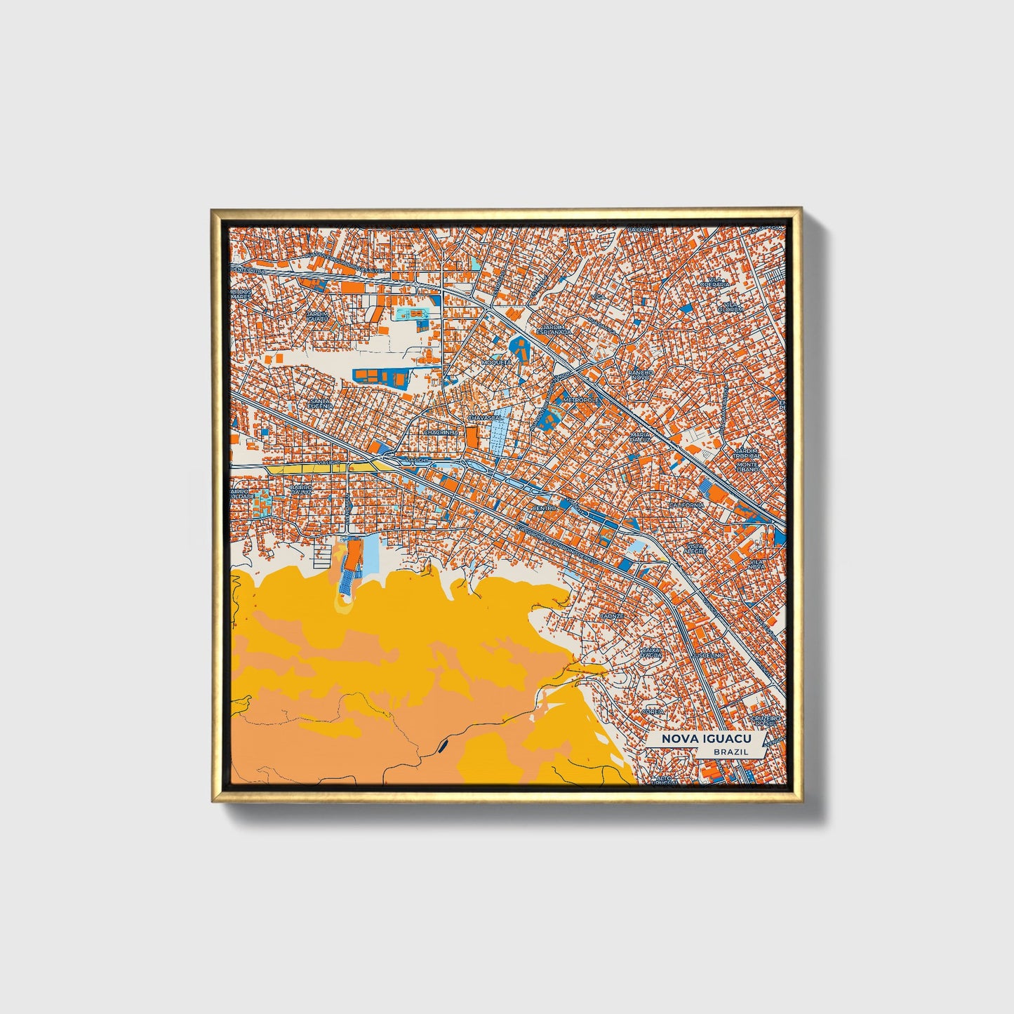 Nova Iguacu Brazil Colorful City Map Canvas Print • Gold Framed