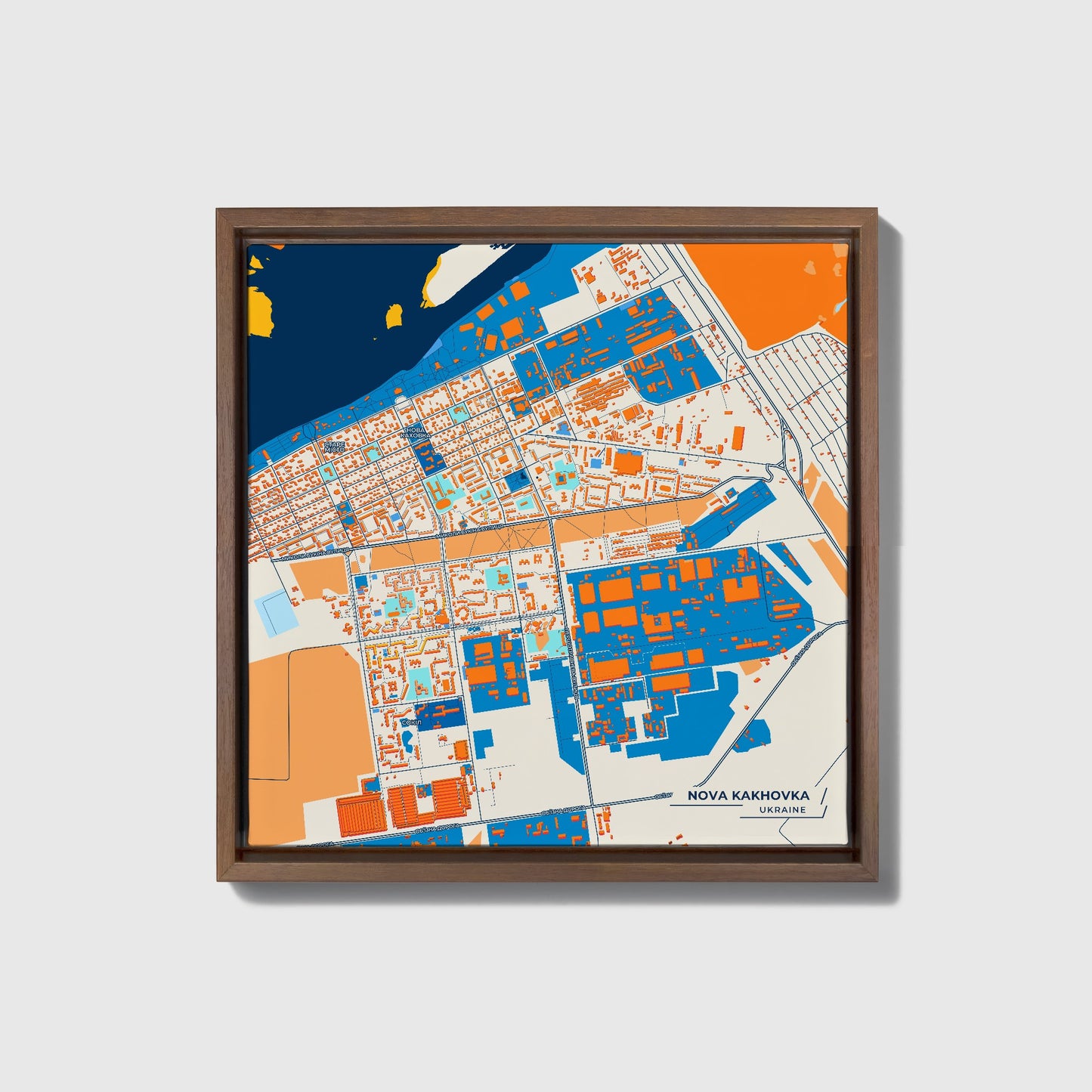 Нова Каховка Ukraine Colorful City Map Canvas Print • Dark Wooden Framed