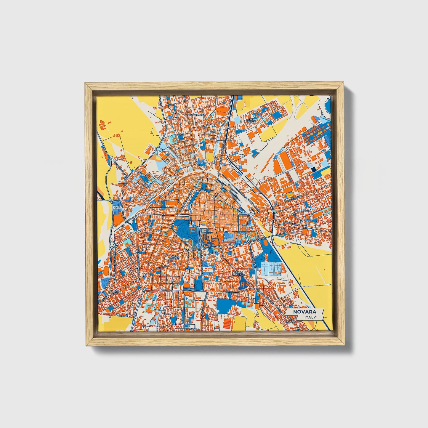 Novara Italy Colorful City Map Canvas Print • Natural Wooden Framed