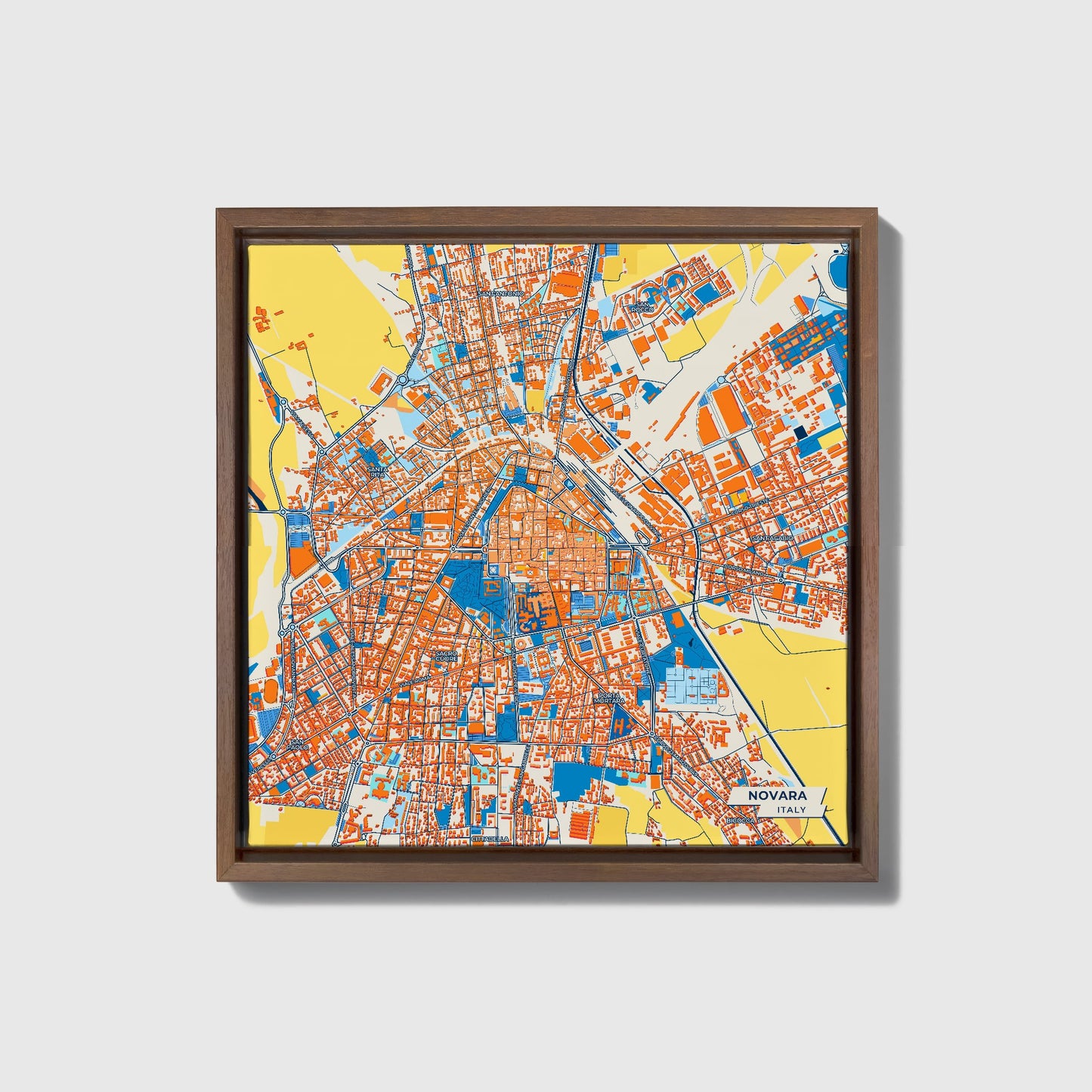 Novara Italy Colorful City Map Canvas Print • Dark Wooden Framed