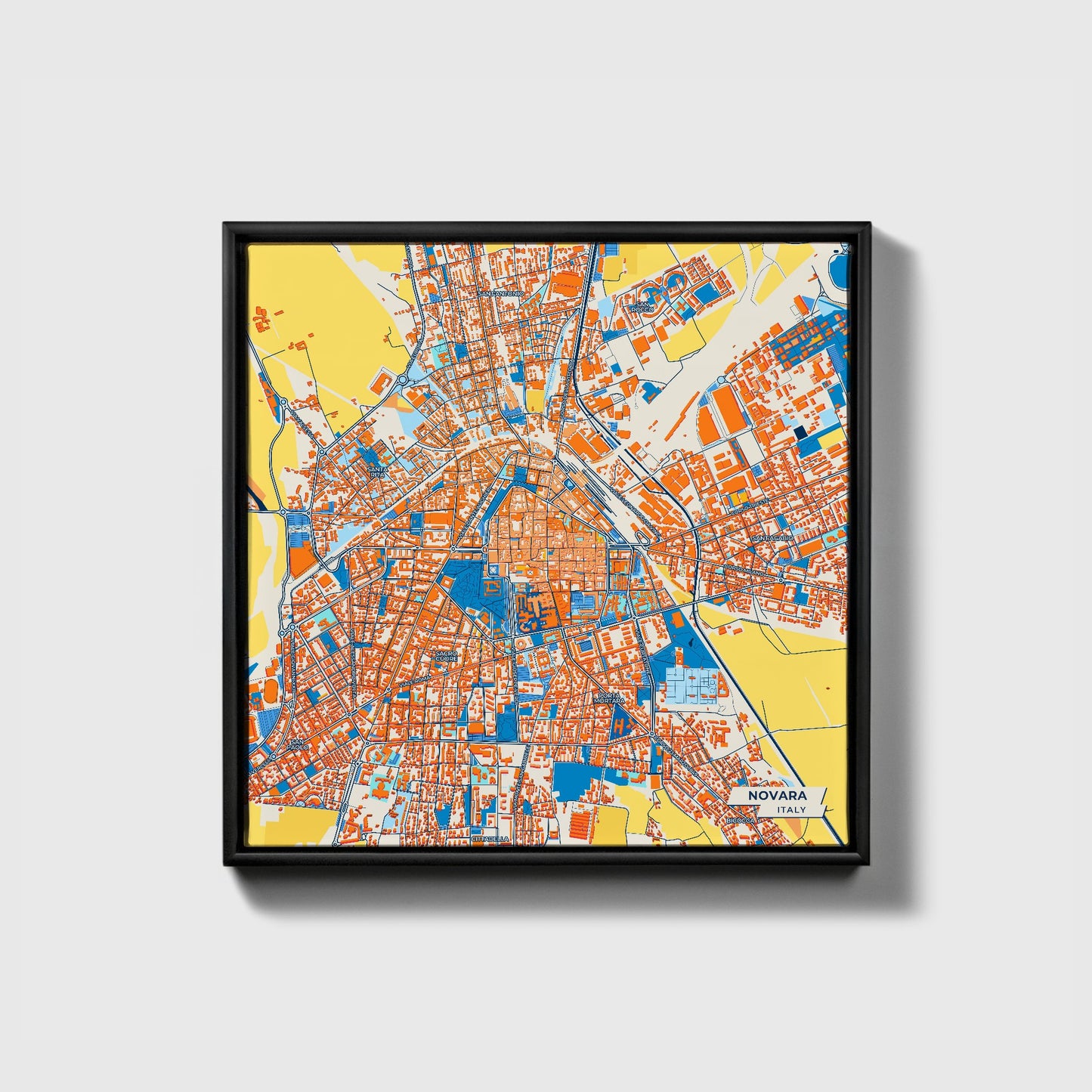 Novara Italy Colorful City Map Canvas Print • Black Framed