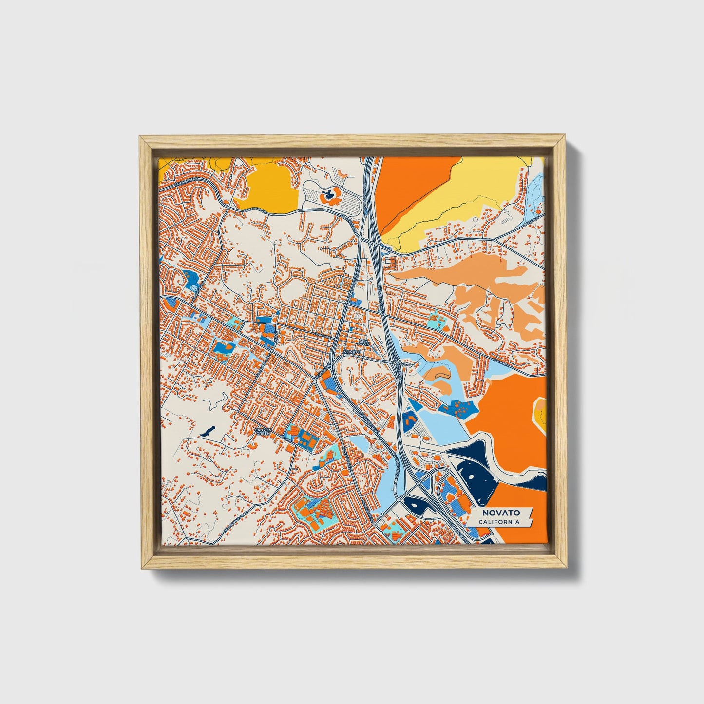 Novato California Colorful City Map Canvas Print • Natural Wooden Framed