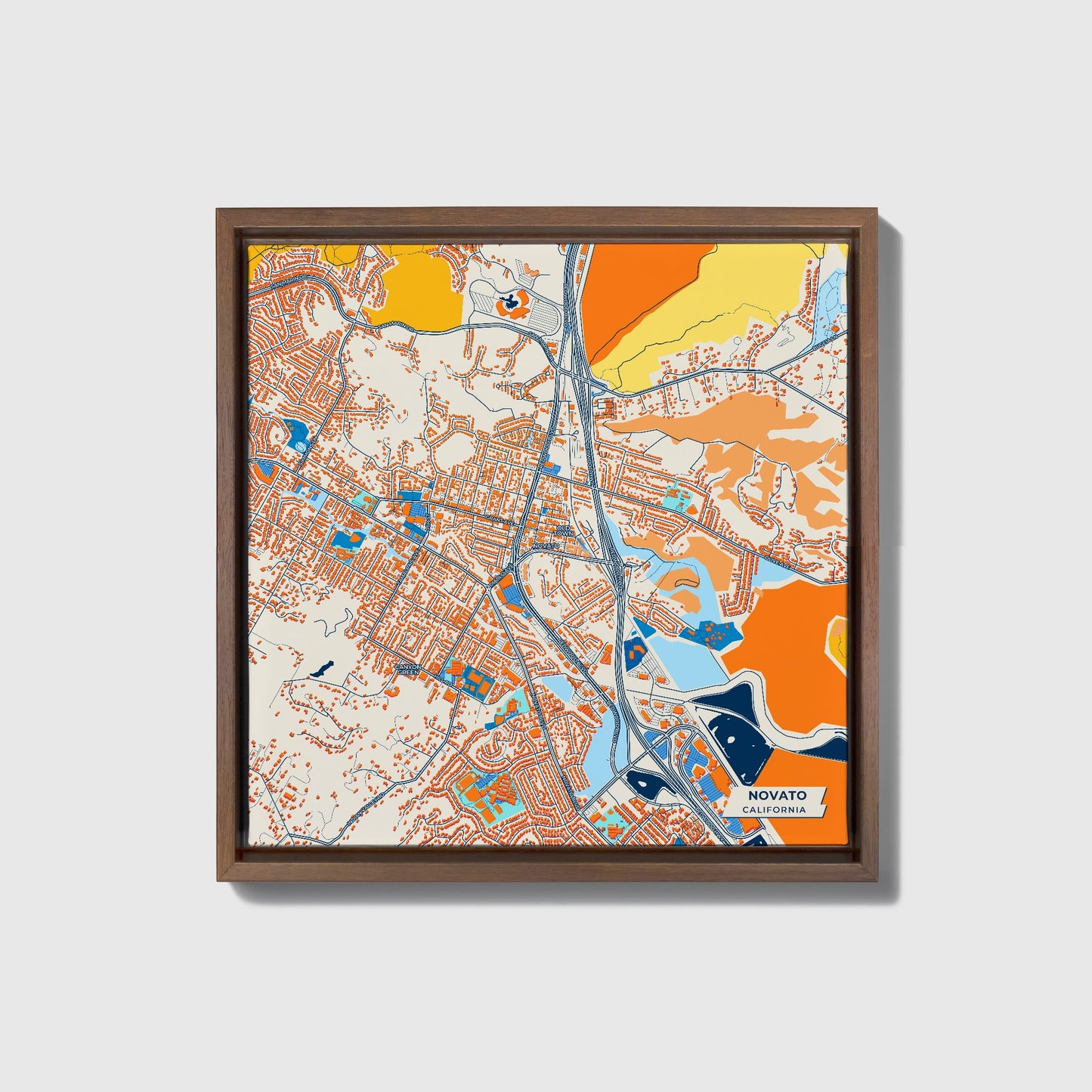 Novato California Colorful City Map Canvas Print • Dark Wooden Framed