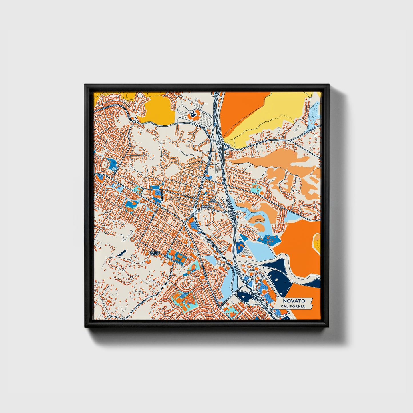 Novato California Colorful City Map Canvas Print • Black Framed