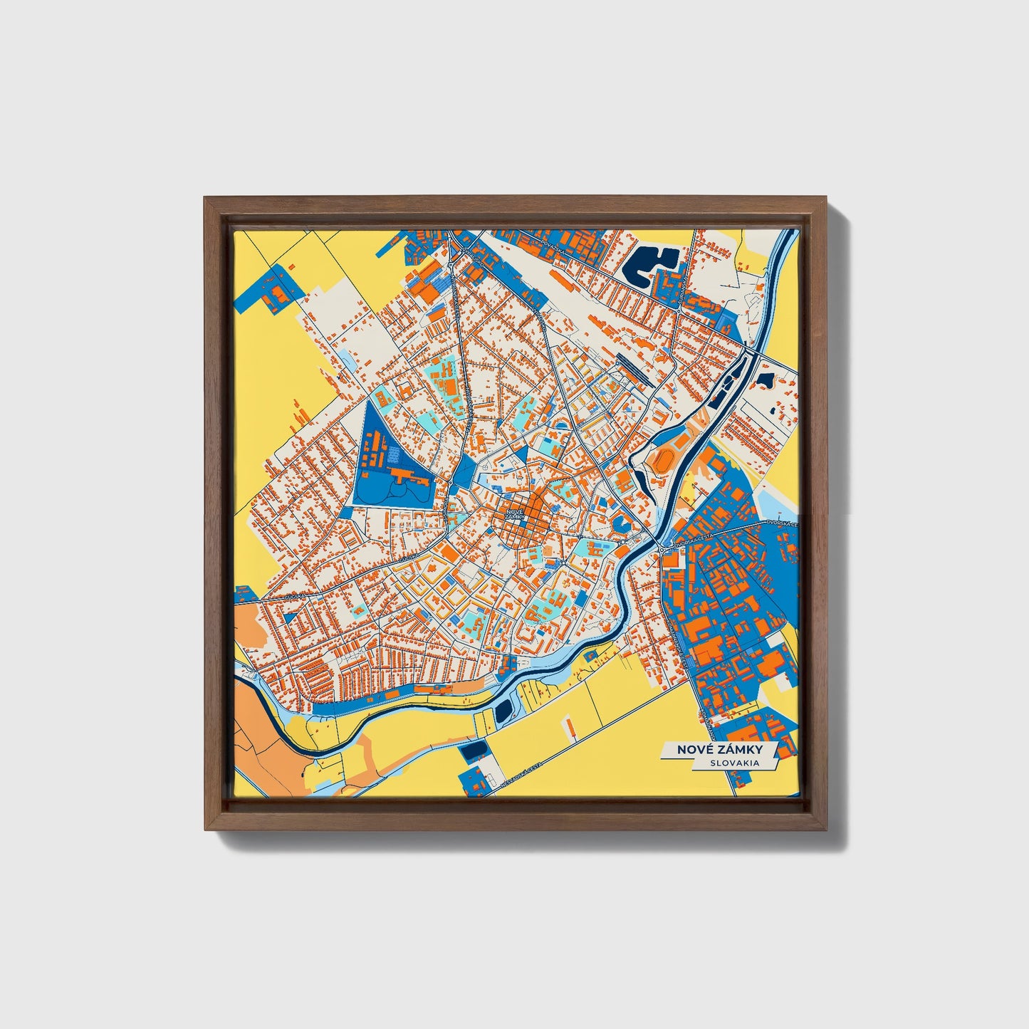 Nové Zámky Slovakia Colorful City Map Canvas Print • Dark Wooden Framed