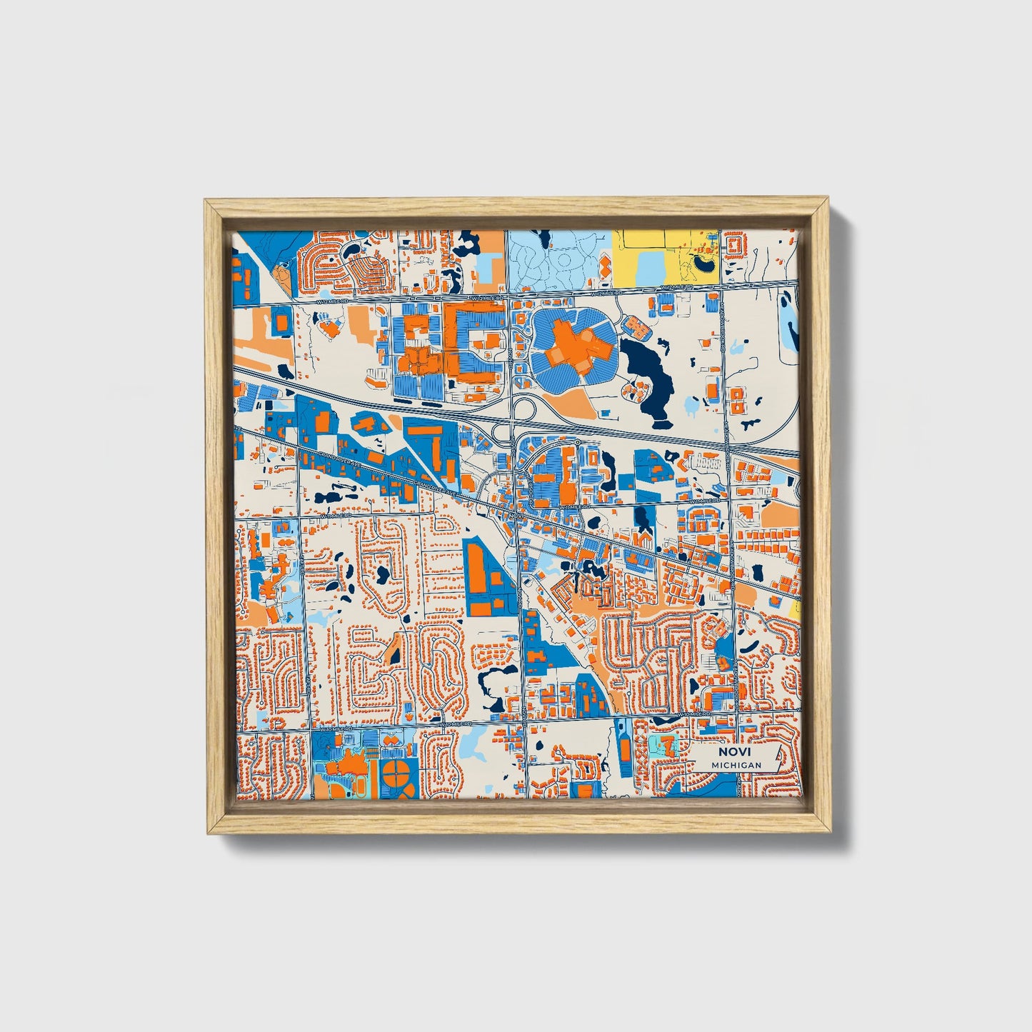 Novi Michigan Colorful City Map Canvas Print • Natural Wooden Framed