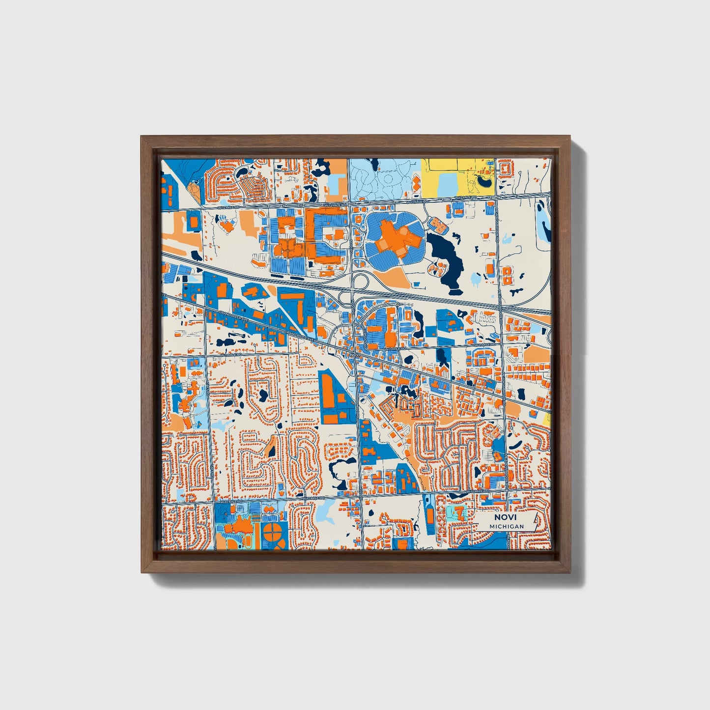 Novi Michigan Colorful City Map Canvas Print • Dark Wooden Framed